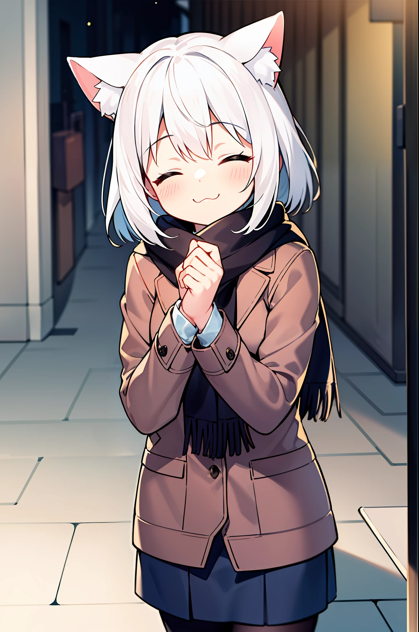 masterpiece, best quality, 1girl, white hair, medium hair, cat ears, closed eyes, looking at viewer, :3, cute, scarf, jacket, outdoors, streets,