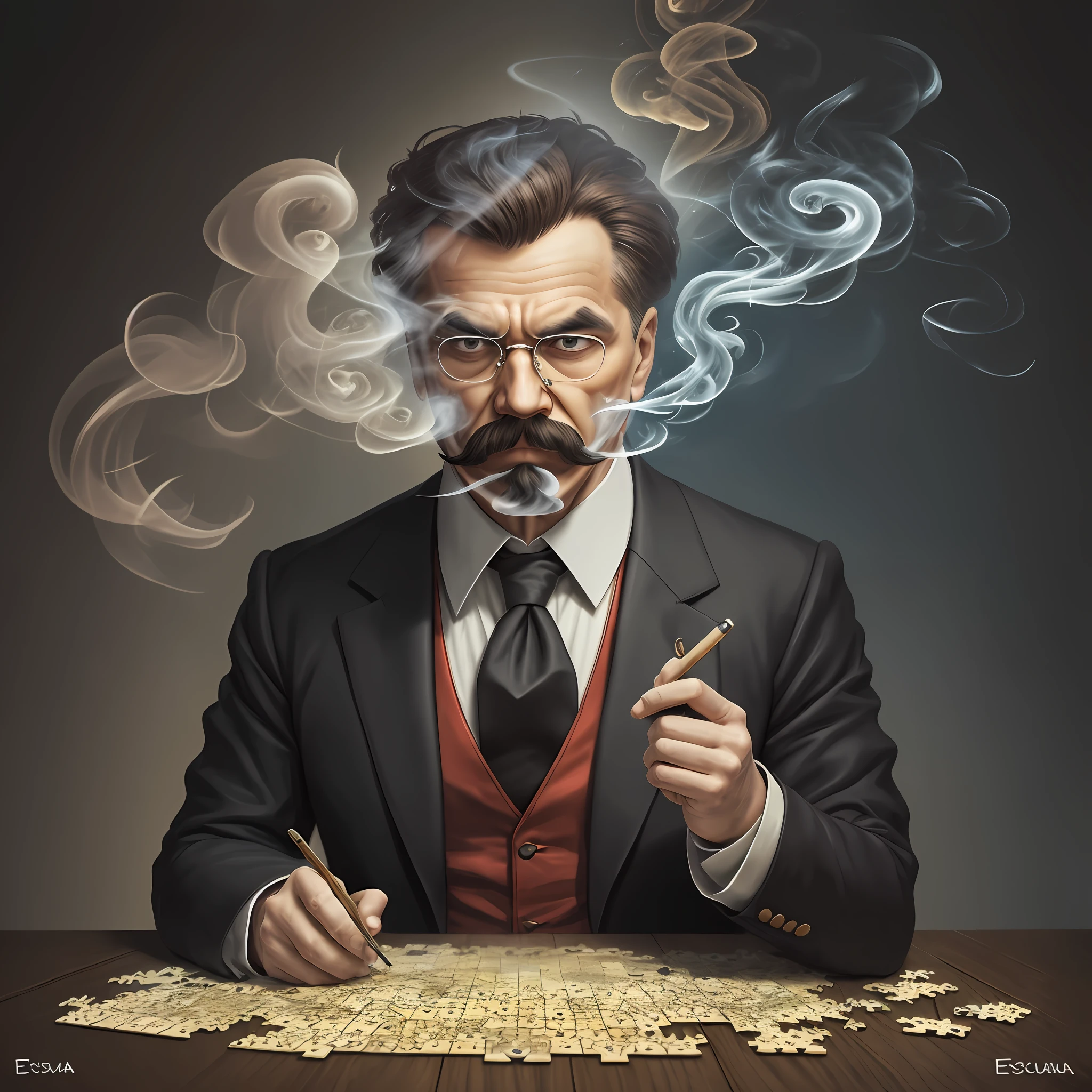 Nietzsche Smoke, Chuva, bigode e bravura. He can solve any puzzle. But he can't overcome his inner demons. Expressiva pintura escura fosca guche. --auto --s2
