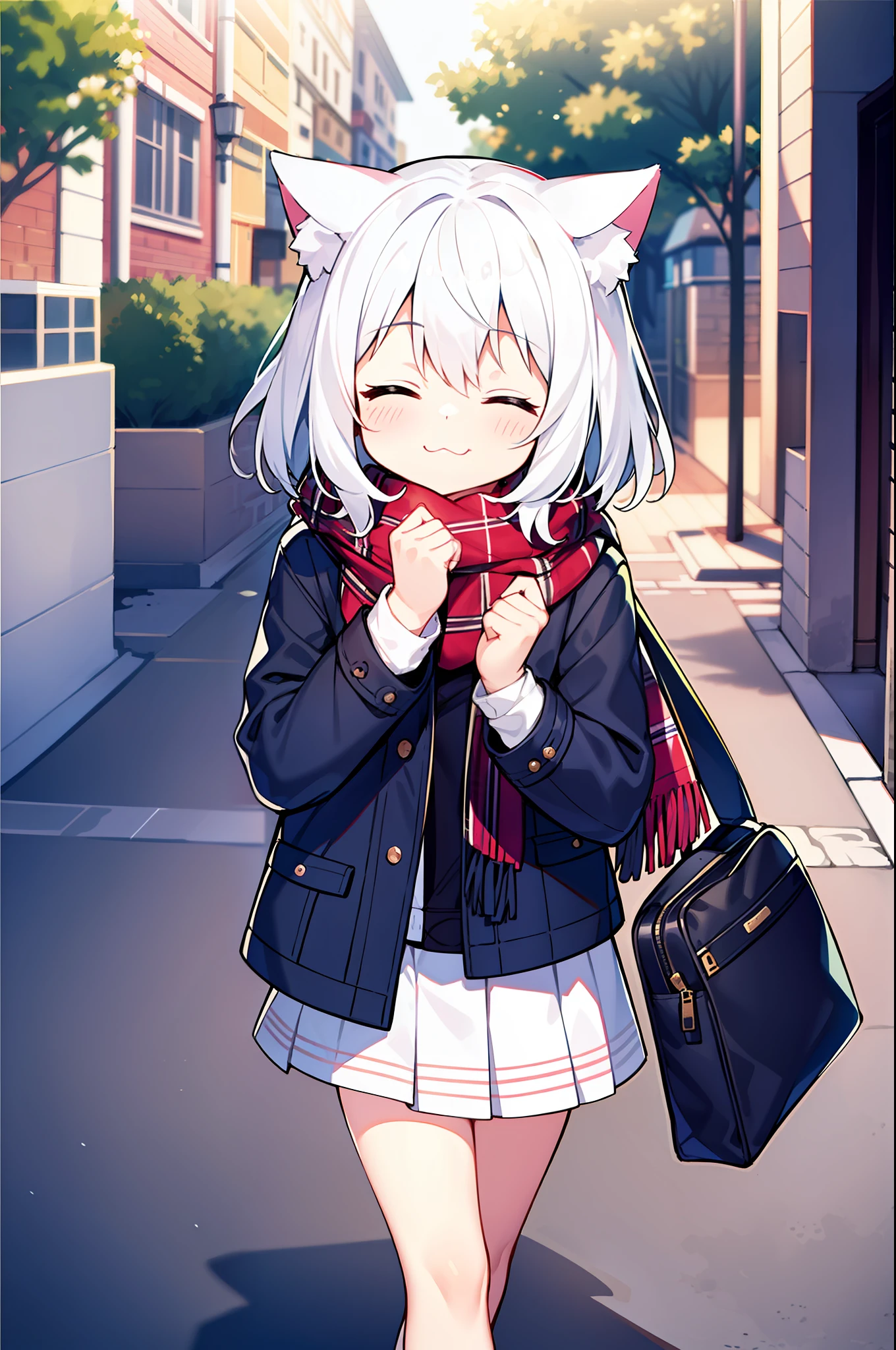 masterpiece, best quality, 1girl, white hair, medium hair, cat ears, closed eyes, looking at viewer, :3, cute, scarf, jacket, outdoors, streets,