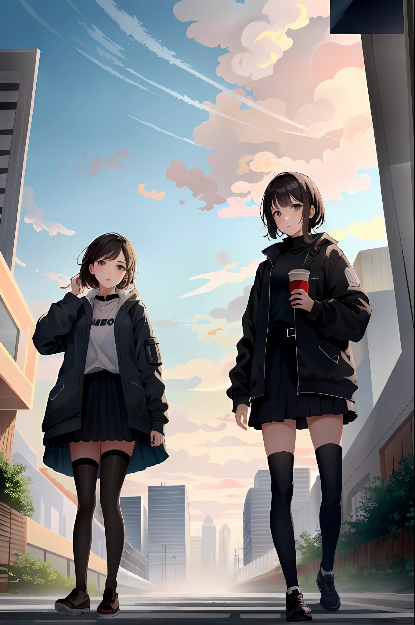 hyperrealism, masterpiece, very detailed, sci-fi, dystopia, (beautiful eyes), (bangs), brunette hair, woman, detailed face, detailed skin, loose clothes, stockings, skirt, cyberpunk, soft light, subsurface scattering, ((skyline)), cumulonimbus clouds, busy streets, pollution, dust,