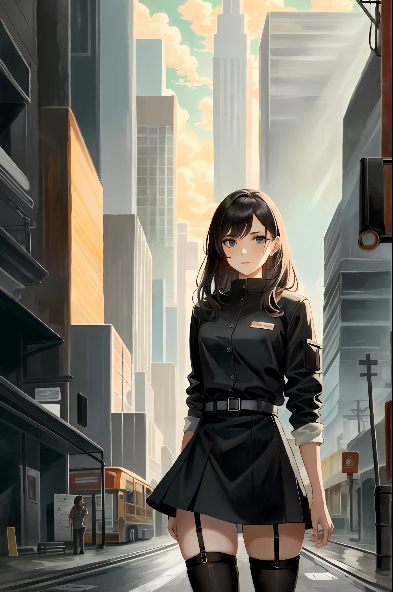 hyperrealism, masterpiece, very detailed, sci-fi, dystopia, (beautiful eyes), (bangs), brunette hair, woman, detailed face, detailed skin, loose clothes, stockings, skirt, cyberpunk, soft light, subsurface scattering, ((skyline)), cumulonimbus clouds, busy streets, pollution, dust,