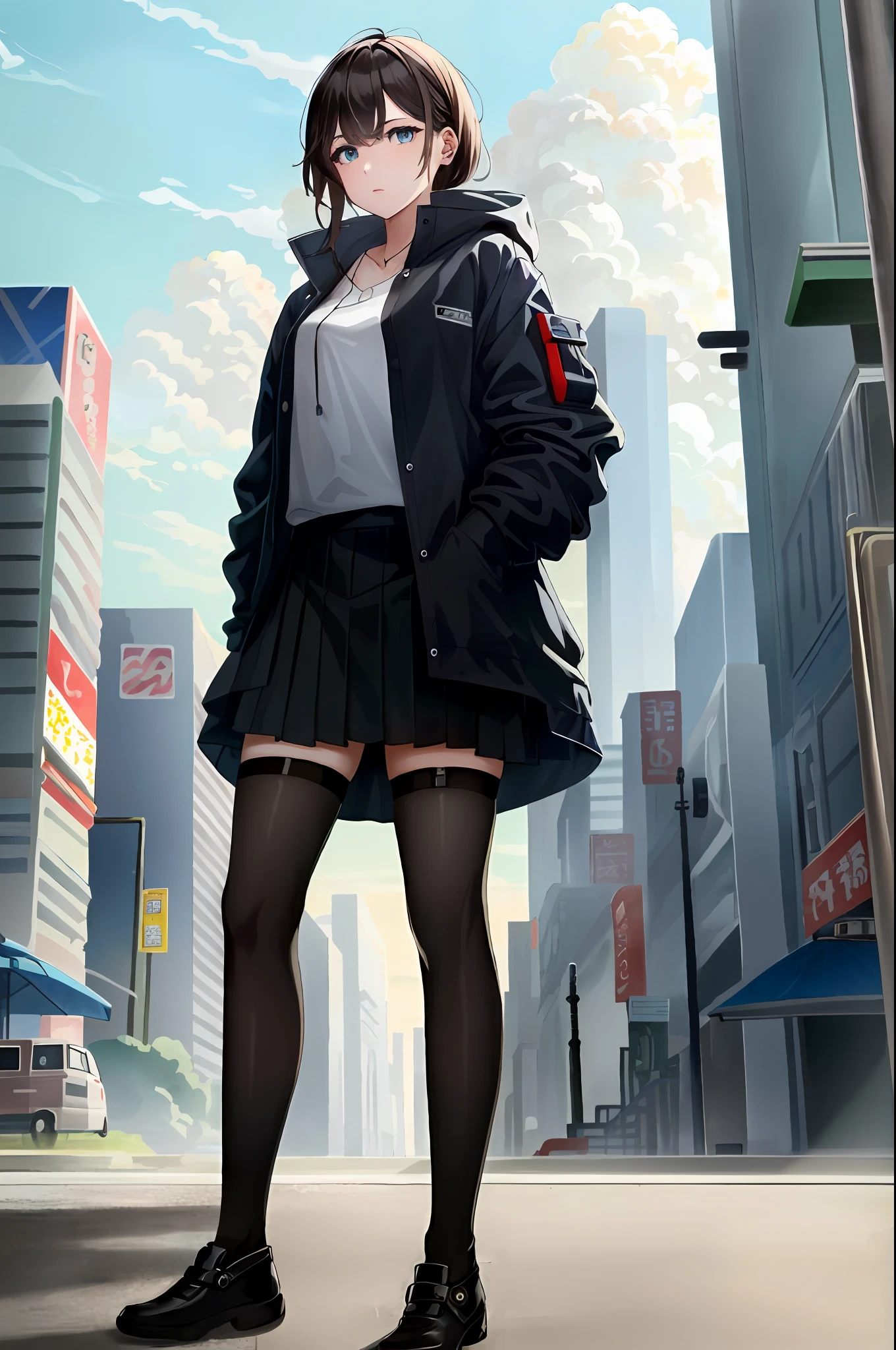hyperrealism, masterpiece, very detailed, sci-fi, dystopia, (beautiful eyes), (bangs), brunette hair, woman, detailed face, detailed skin, loose clothes, stockings, skirt, cyberpunk, soft light, subsurface scattering, ((skyline)), cumulonimbus clouds, busy streets, pollution, dust,