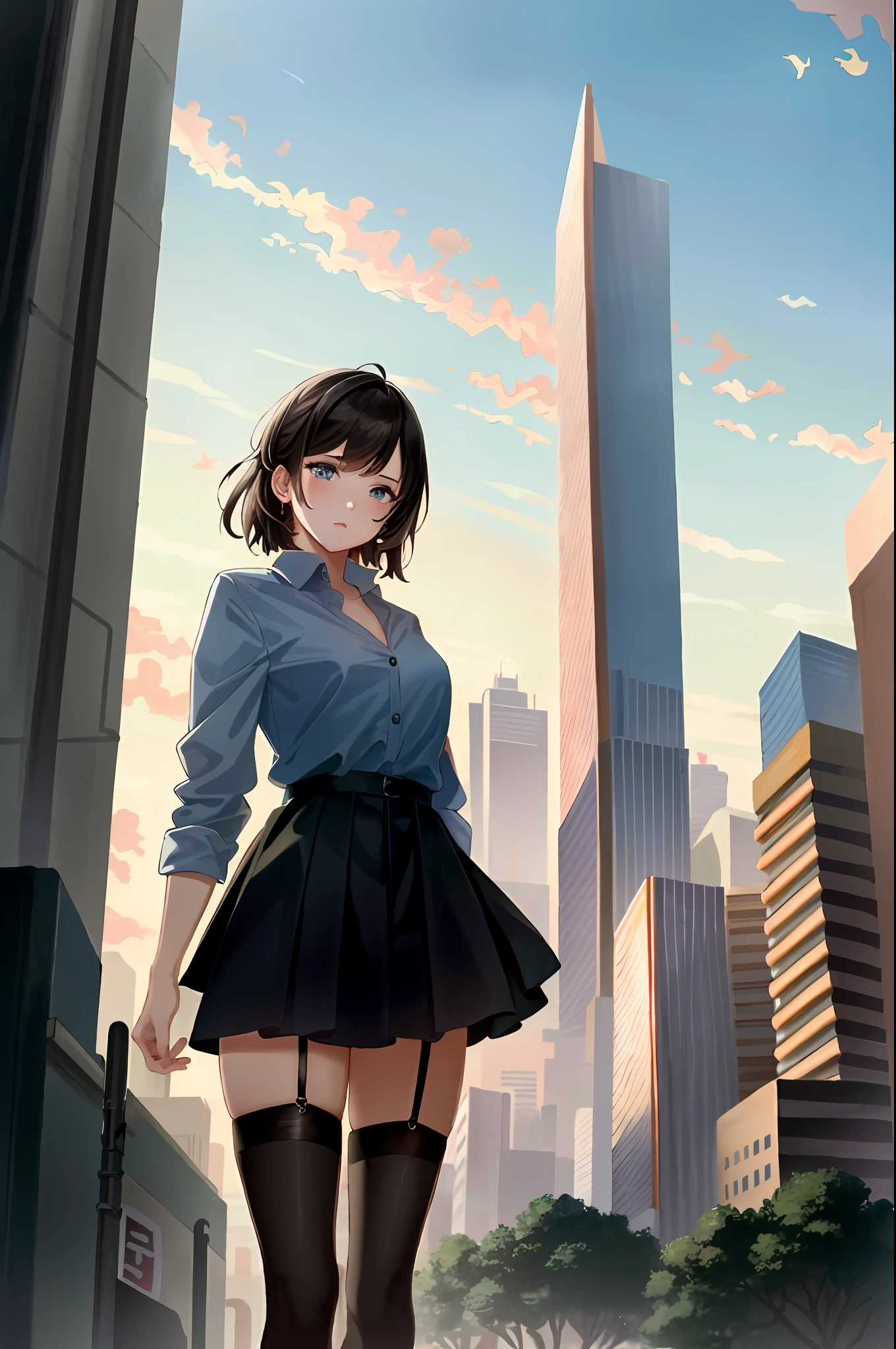 hyperrealism, masterpiece, very detailed, sci-fi, dystopia, (beautiful eyes), (bangs), brunette hair, woman, detailed face, detailed skin, loose clothes, stockings, skirt, cyberpunk, soft light, subsurface scattering, ((skyline)), cumulonimbus clouds, busy streets, pollution, dust,