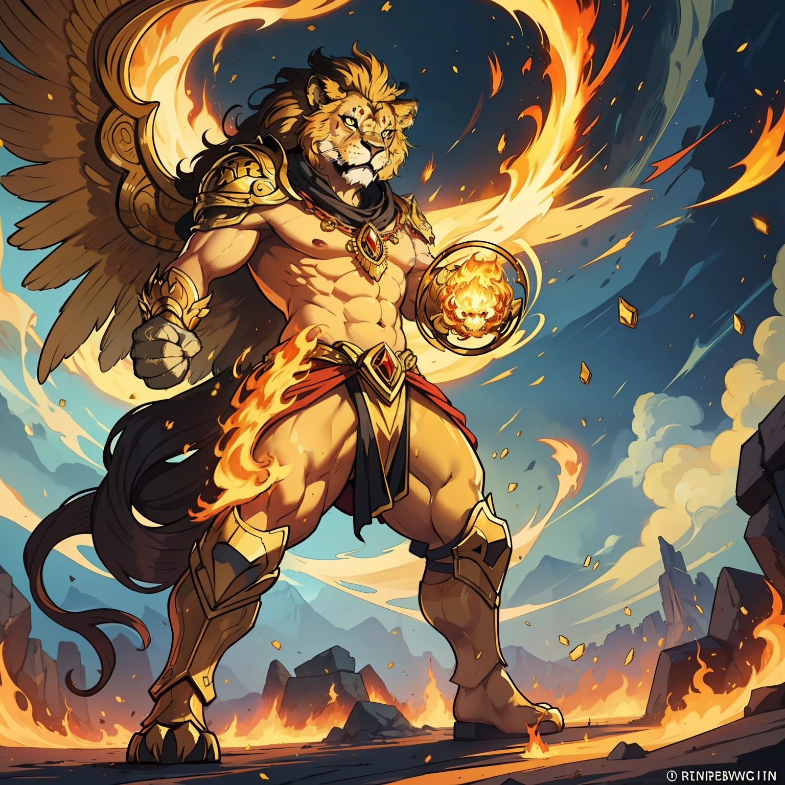 A powerful and large lion animal with large wings and a powerful mane of golden golden hair, standing in a fierce pose, he is the Lord of the Beasts;, on an epic oroboros, In the background of the image Create Golden Flames Golden Fire He is in a mystical tomb filled with gold and magic The Lion is on fire, an animal lion animal creature of nature