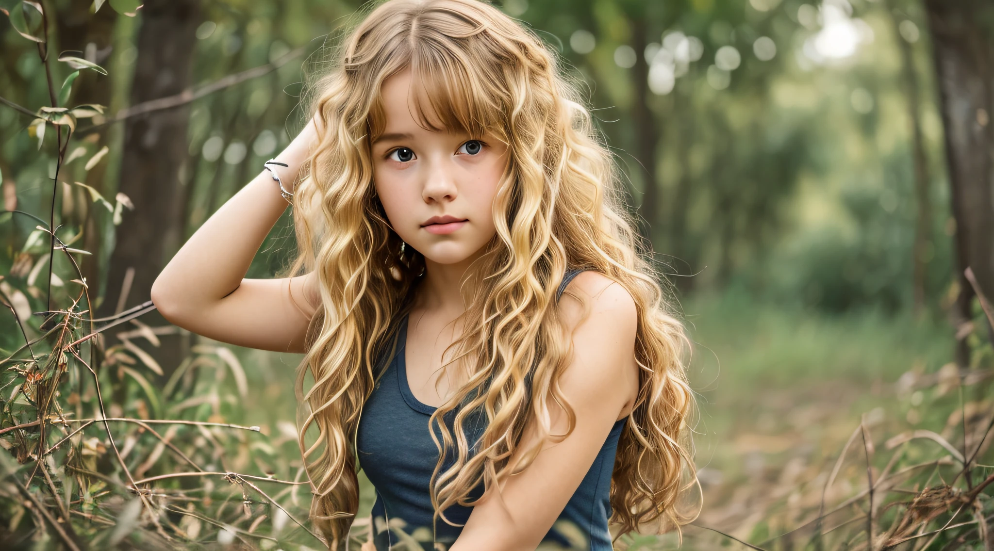 there is a young girl with a curly hair and a white tank top, frizzy hair, long fluffy blond curly hair, long fluffy curly blond hair, very very curly blond hair, messy blond hair, blond curly hair, curly blonde hair | d & d, flipped out hair, messy curly hair, short curly blonde haired girl, curly blond hair, curly blond
