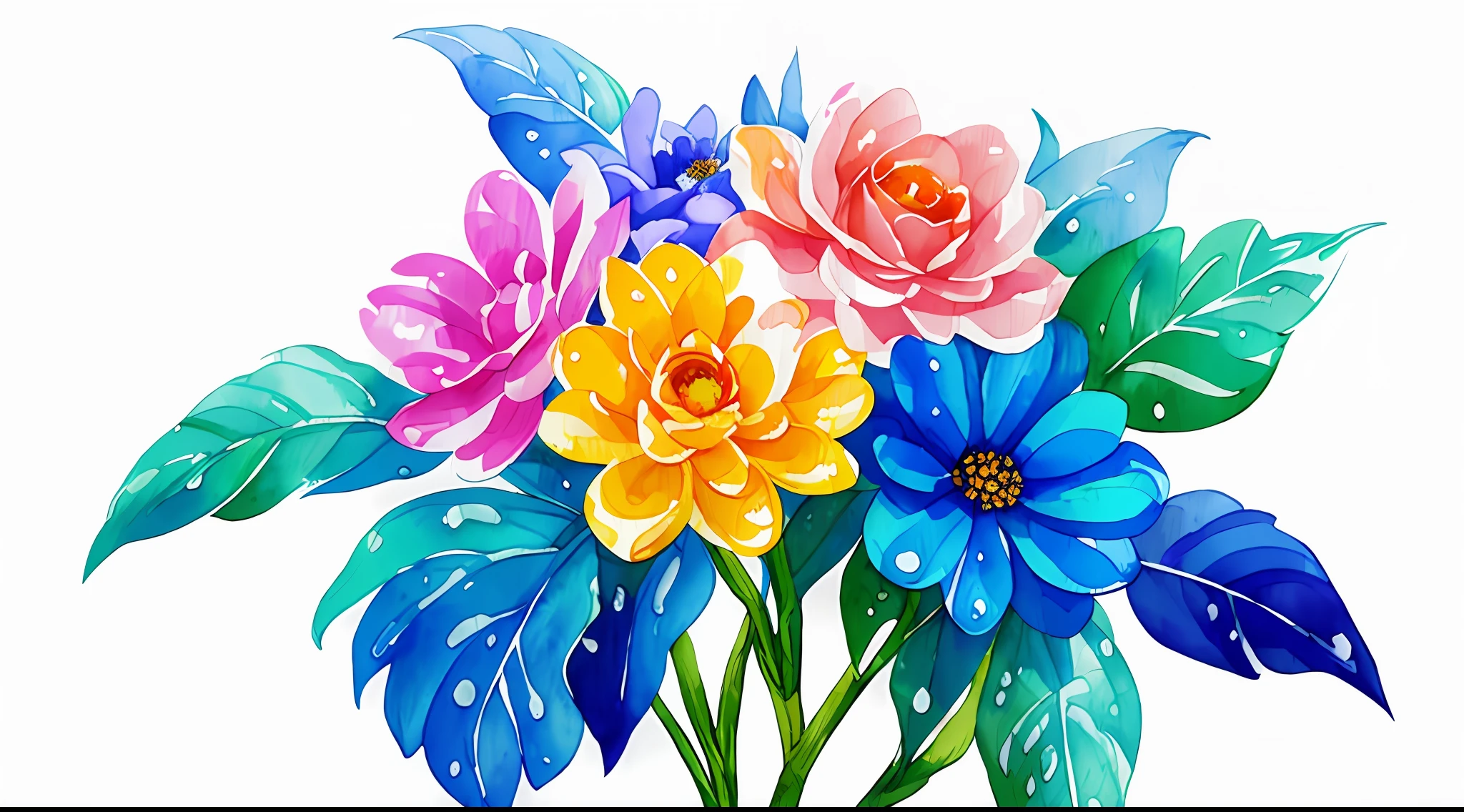 watercolor, flower, beautiful, watercolor style, flower and leaf patterns, wet on wet technique, muted, indigo, fabric design, flat illustration, highly detailed clean, vector image, masterpiece, professional, isometric, bright vector, white background, dry brush, brush strokes, painted on canvas, by J.M.W. Turner. expressive marks.