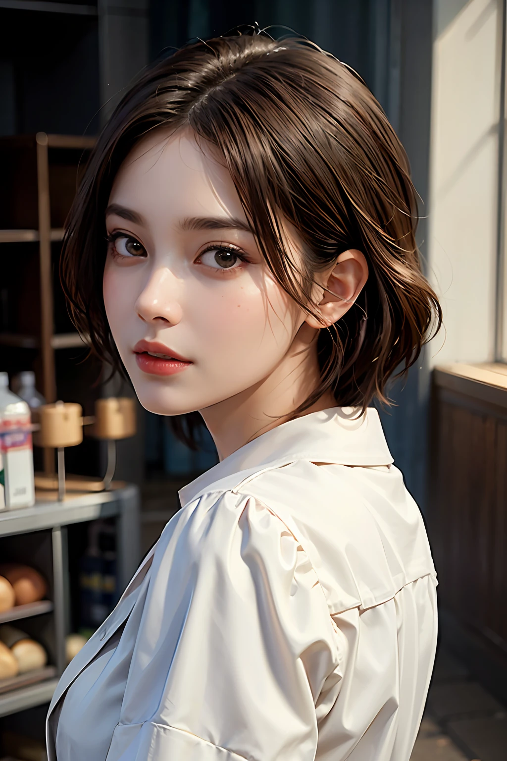 (supermarket:1), afternoon, doctor gown, light brown fringe short hair, light brown eyes, 1girl, innocent, (photorealistic), (intricate details:1.2),(masterpiece, :1.3),(best quality:1.4), (ultra highres:1.2), ultra high res, (detailed eyes), (detailed facial features), HDR, 8k resolution, (lens flare:0.7), turn around, busy on examine report, face viwer, drshe