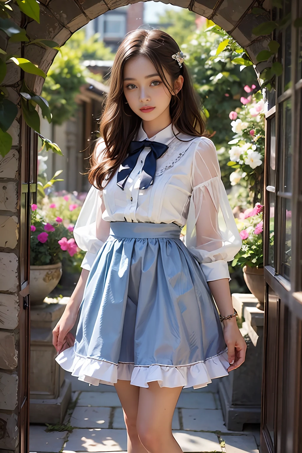 One woman with a faint smile、fullllbody、Silk White Socks、pumps、Standing in front of garden arch with flowers、(Photoreal:1.4)、(hyper realisitic:1.4)、(Realistic:1.3)、(Smooth lighting:1.05)、(Improved cinematic lighting quality:0.9)、(with a shallow depth of field)、1girl in、20 year old adult woman、Bright spring morning natural light、Back lighting、Facial Lights、ray-traced、(brightened light:1.2)、(Quality improvement:1.4)、(Realistic textured skin of the highest quality:1.4)、small tits、fine detailed eyes、detailed face with、a small face、Fine quality eye、Brown eyes、poneyTail、Braiding、Ribbons in the hair、Floral blouse with ruffles、bowtie、Green glass jar with water、The back of the background is white and blurry.