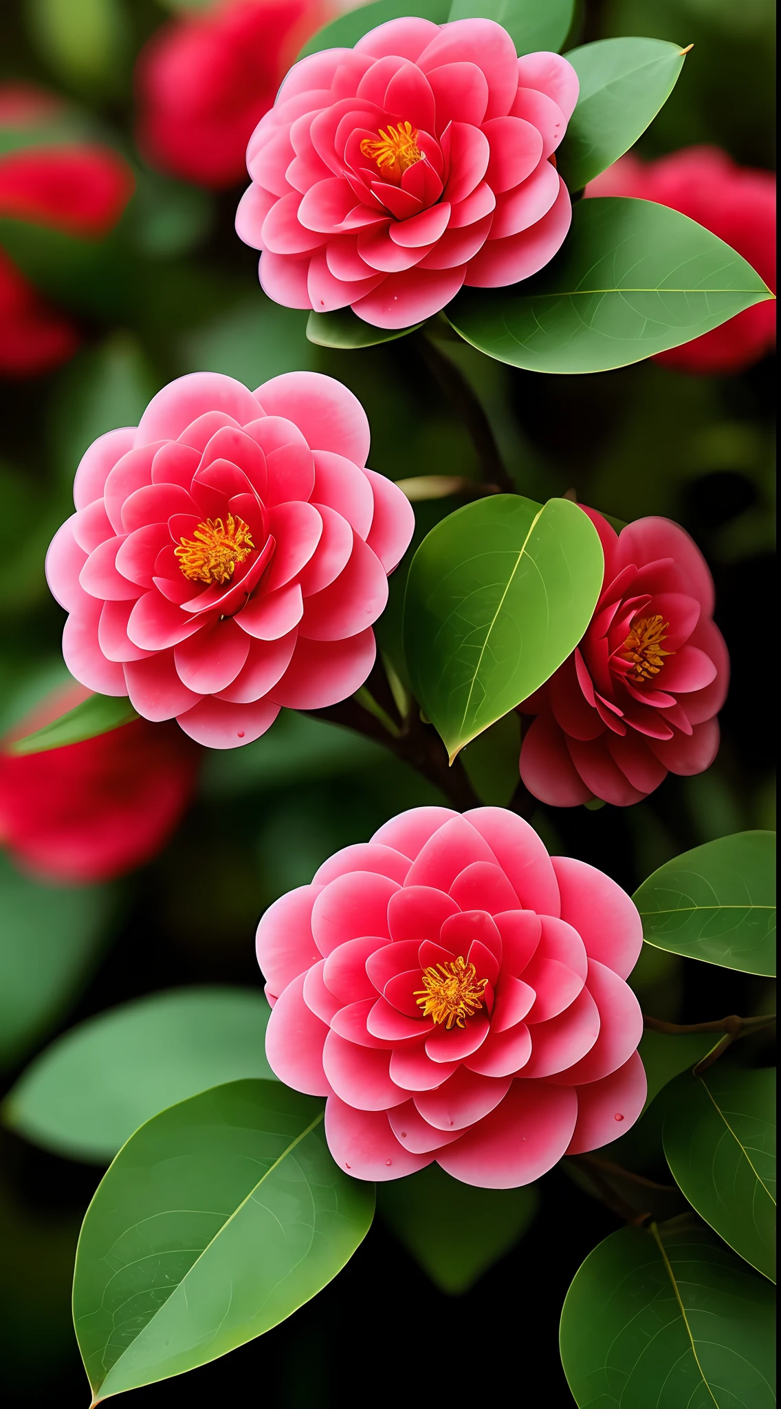 Blooming red camellia, dewdrops, close-up shot, background Suzhou garden, ultra HD, ultra-real, photorealistic effects, masterpiece