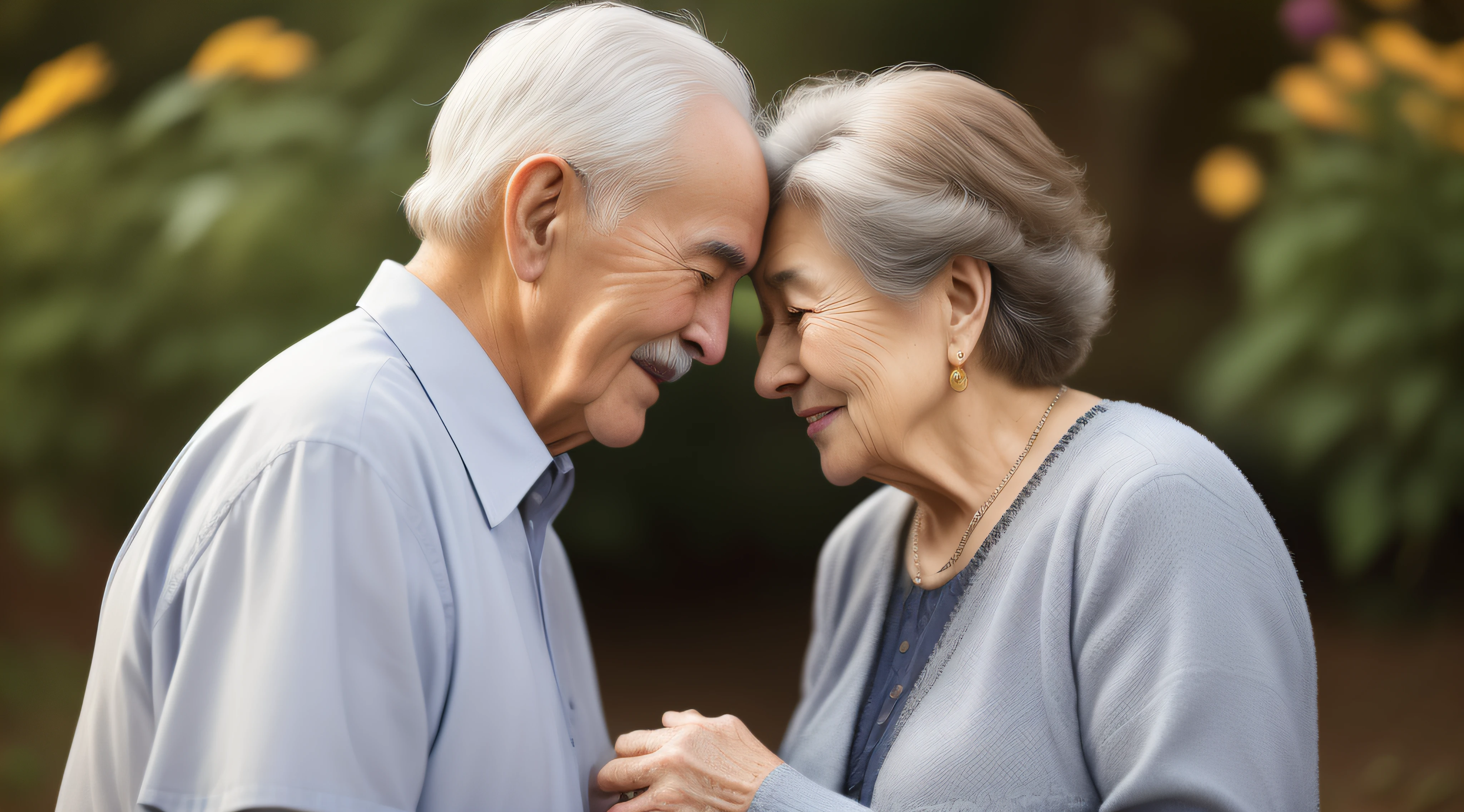 An elderly couple stands side by side, their faces adorned with a lifetime of shared experiences and enduring love. The man's weathered features reflect the wisdom and strength acquired over the years, while the woman's warm smile radiates a sense of comfort and companionship. Together, they embody the beauty of a lifelong partnership, standing as a testament to the power of enduring love and the joys of growing old together. In this touching image, their connection serves as an inspiration for viewers, reminding them of the deep bonds that can be forged and cherished over a lifetime.