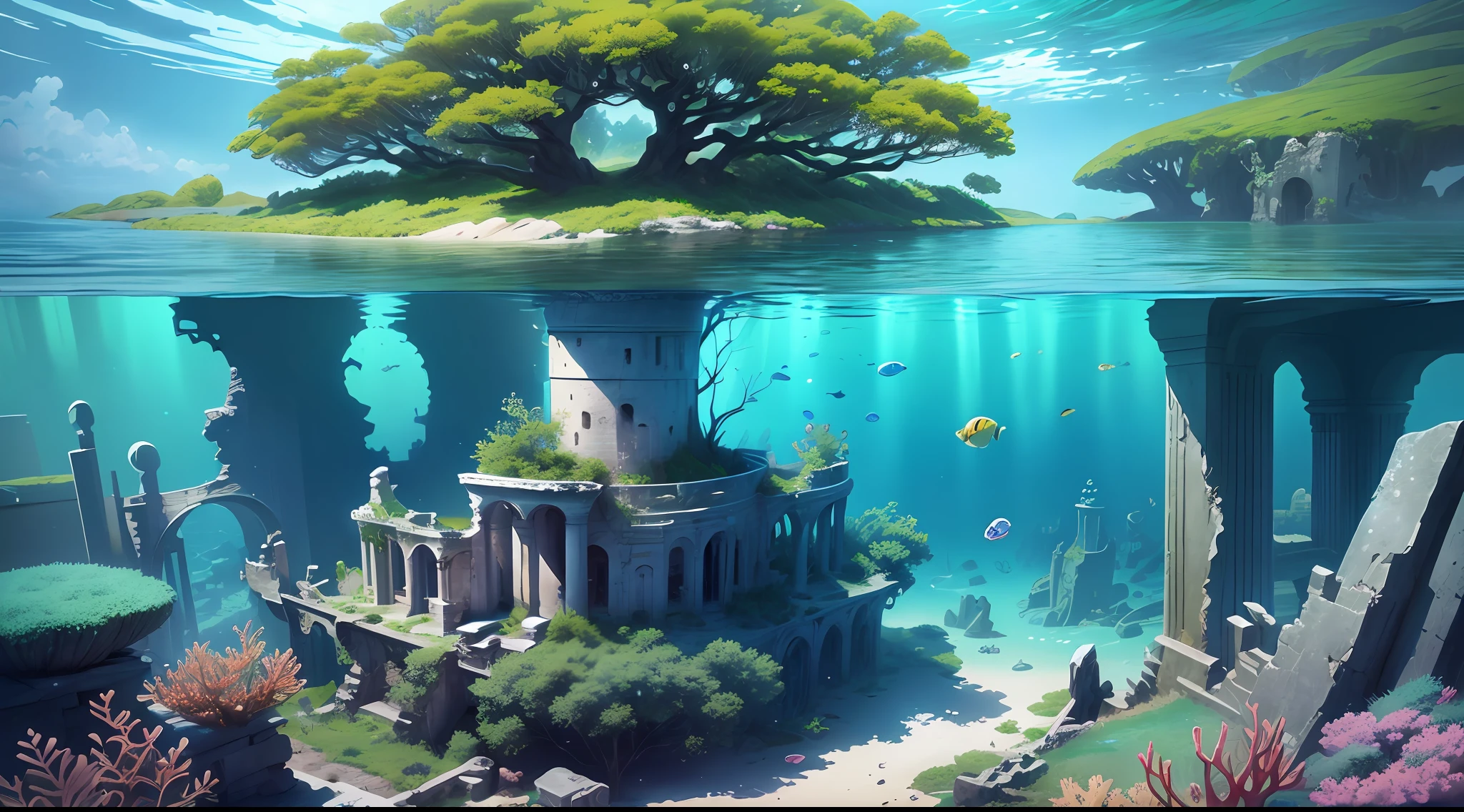 ((8K image), (Anime Illustration), beste-Qualit, ocean floor, big tree, Fish, Bubbles in the sea, Ruins, Ancient ruins, multi view, the panorama)Using the、Beautiful Trees Under the Sea、Fish、Ruins in the bubbles、and generate a multi-view panorama of the ruins。