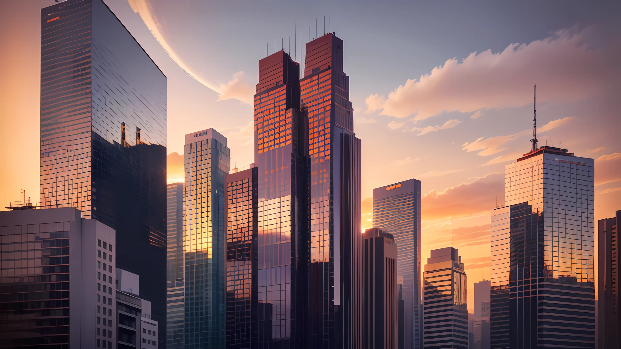 Imagine a towering skyscraper, its glass facade reflecting the setting sun. The architecture is modern and sleek, with sharp lines and geometric patterns. The style is reminiscent of the works of famous architect Zaha Hadid. The lighting is natural, with the golden hues of the sunset casting long shadows. The colors are warm and vibrant, with a palette dominated by oranges, reds, and purples. The composition is shot with a Nikon D850 DSLR camera, using a wide-angle lens to capture the full height of the building. The image is hyper-realistic, highly detailed, and high-resolution 16k. --auto --s2