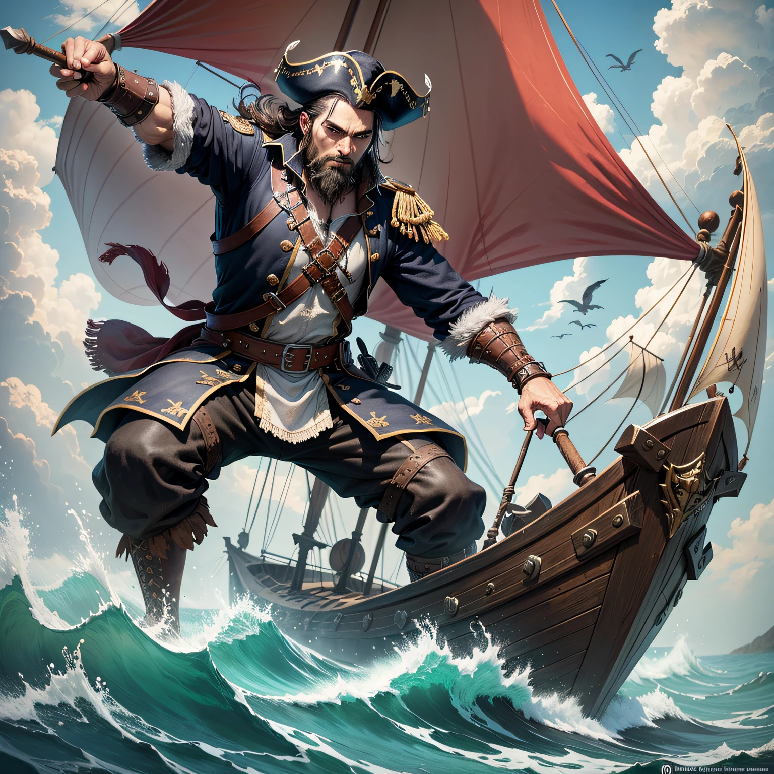 Pirata barba negra, furioso, sword in hand, navios de fundo --auto