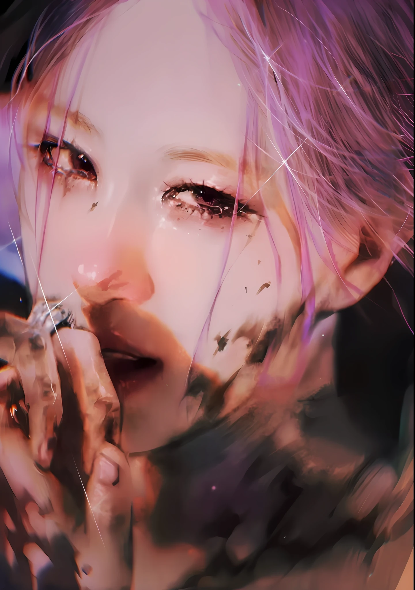there is a woman with pink hair holding a cell phone, Guviz-style artwork, inspired by Yanjun Cheng, Guviz, Beautiful digital artwork, guweiz masterpiece, stunning digital illustration, beautiful digital illustration, nostalgic melancholic artwork, emotional concept art, portrait of a crying ai artist, 8 k realistic digital art, jinyoung shin art