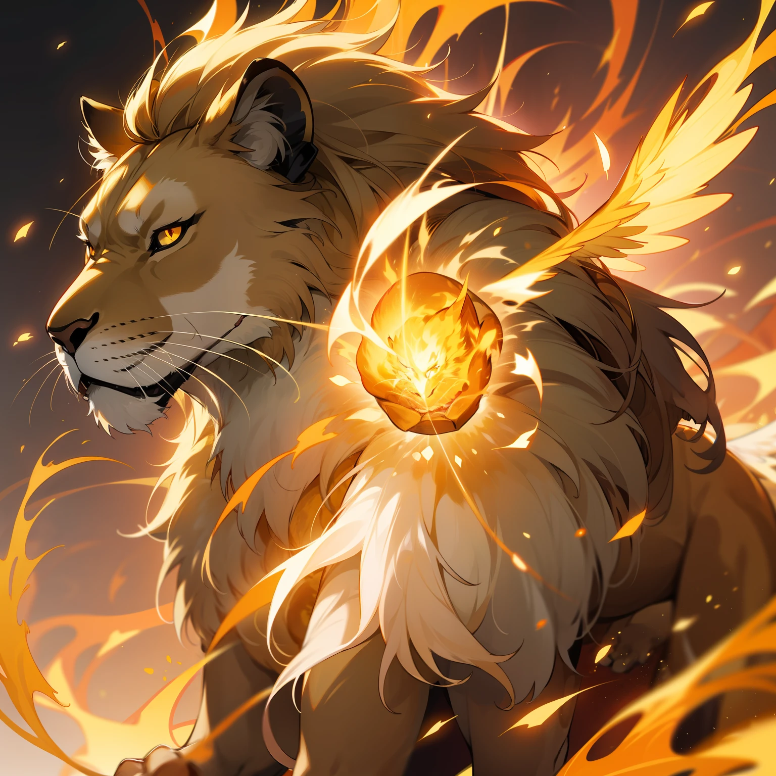 A powerful and large lion animal with large wings and a powerful mane of golden golden hair, standing in a fierce pose, In the background of the image Create Golden Flames Golden Fire He is in a mystical tomb filled with gold and magic The Lion is on fire, an animal lion animal creature of nature