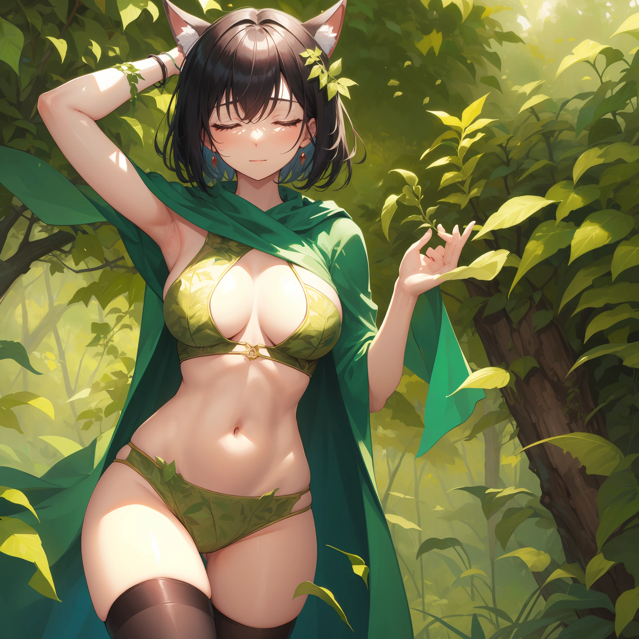 fantasy, 1forest_elemental_girl, (dark_skin)0.9, (using_leaves_clothes, green_leaves_covered_breasts, leaves_covered_pussy)+++,medium_breasts, walking, (smile, sleepy)+, medium_hair, navel, oil, (winding_vine_around_torso)++, forest_background, leaves_headgear, green_leaves_cape,armpits, spread_arms, large_staff, thighhighs,
