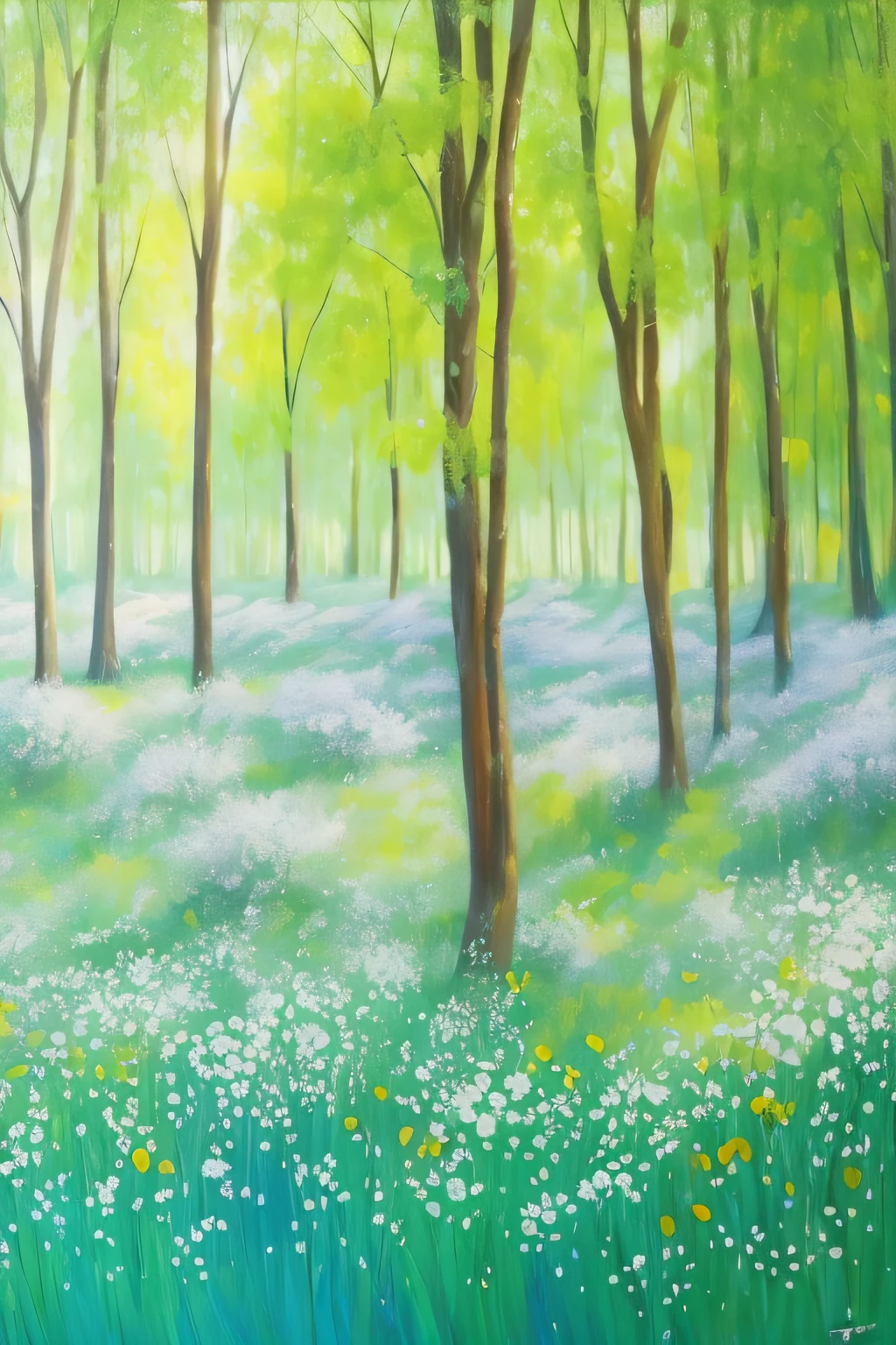 painting of a forest with white flowers and trees, Bosque con flores azules, en un claro del bosque, en un claro del bosque, Prado en el bosque, Pintura de un bosque, Bosque de cerezos en flor, Paisaje de tala de bosques, Fondo de bosque blando, en un claro del bosque, Bosque azul, desmonte, por Iwao Takamoto, Bosque brillante, Paisaje dichoso --auto