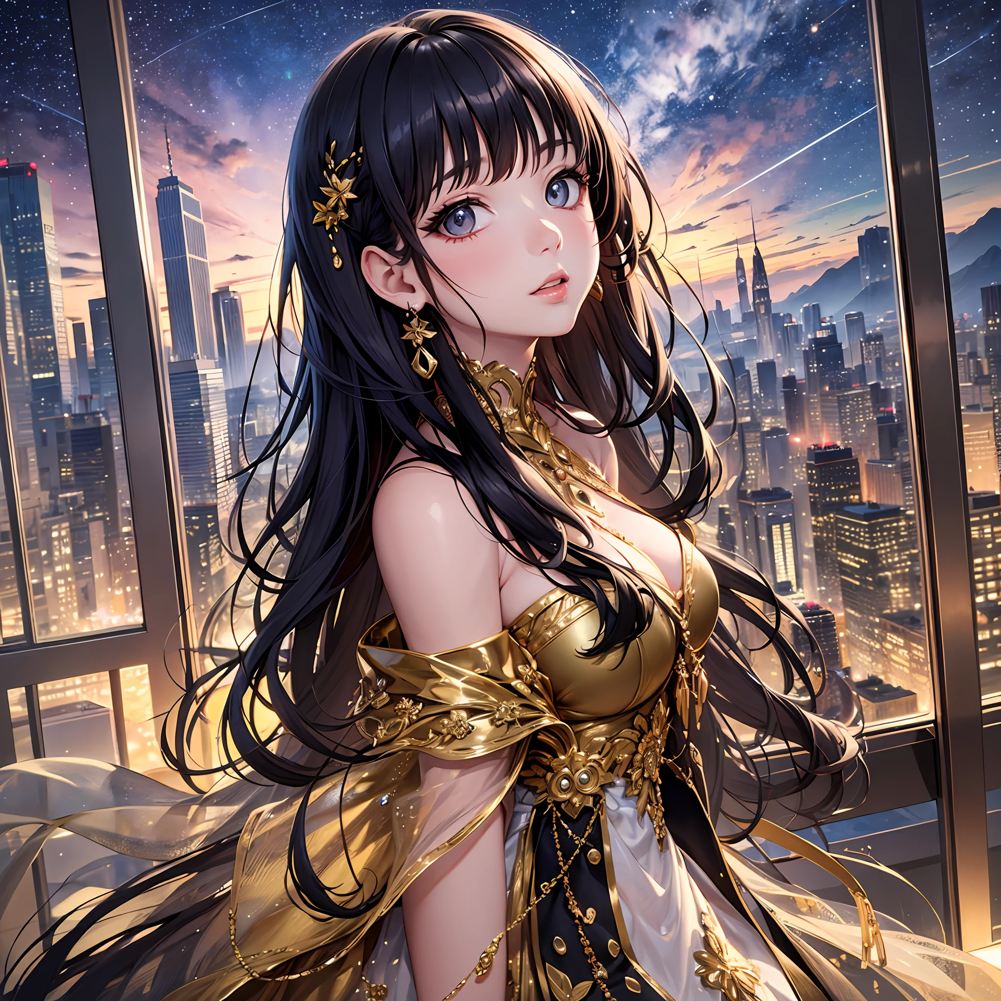 realisticlying,(a masterpiece of,top Quority,Best Quority,offcial art,Beautiful and exquisite:1.2),abundantly detailed,Extremely colorful,Most detailed,(abstract backgrounds:1.5)(Baby girl:1.3),Bblack hair,big-eyed eyes,earnestly,Bblack hair,Galactic dreamlike,Dreamlike,Golden decoration,beautiful detailed sky,Delicate reflective high glass guardrail panel