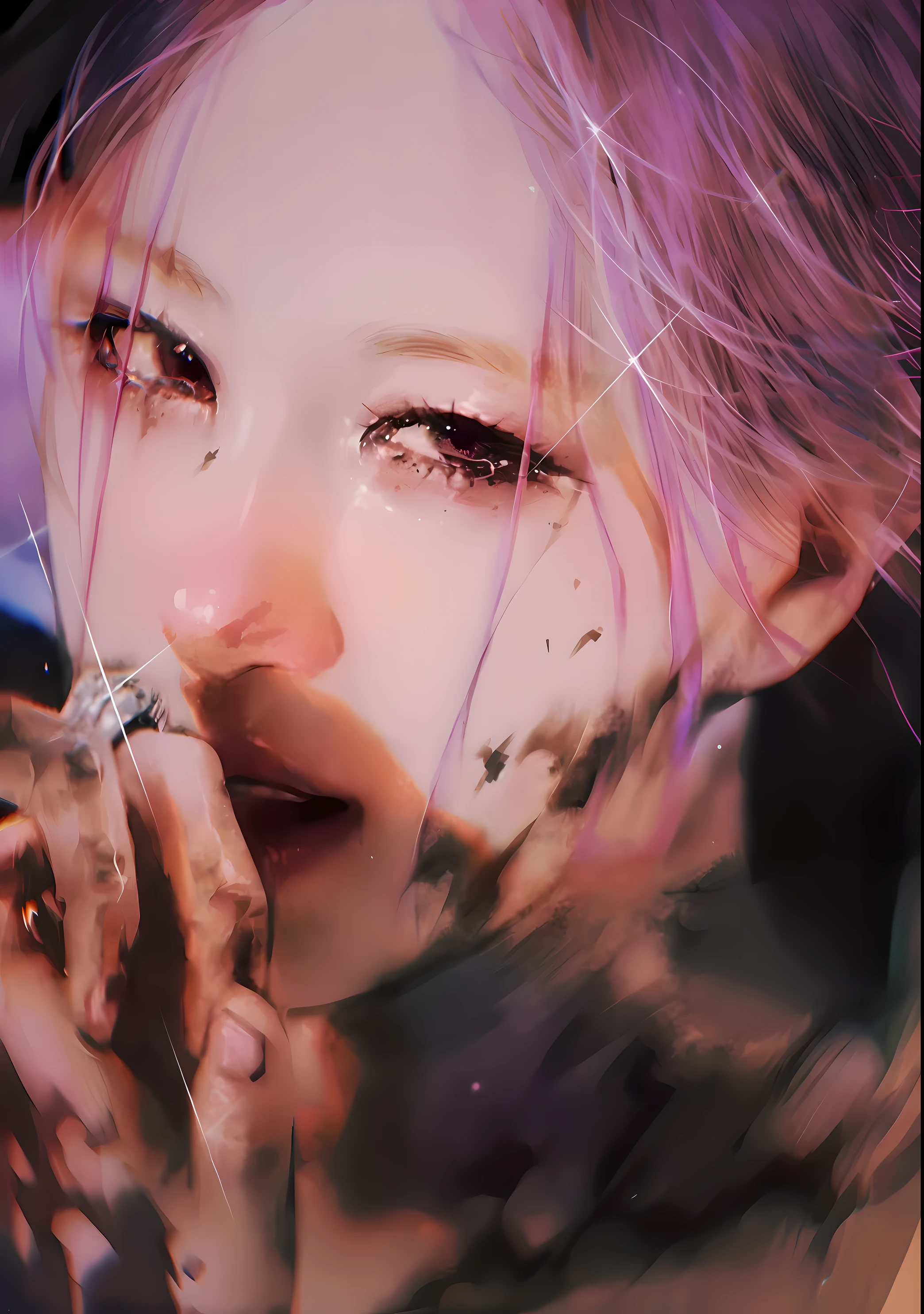 there is a woman with pink hair holding a cell phone, Guviz-style artwork, inspired by Yanjun Cheng, Guviz, Beautiful digital artwork, guweiz masterpiece, stunning digital illustration, beautiful digital illustration, nostalgic melancholic artwork, emotional concept art, portrait of a crying ai artist, 8 k realistic digital art, jinyoung shin art
