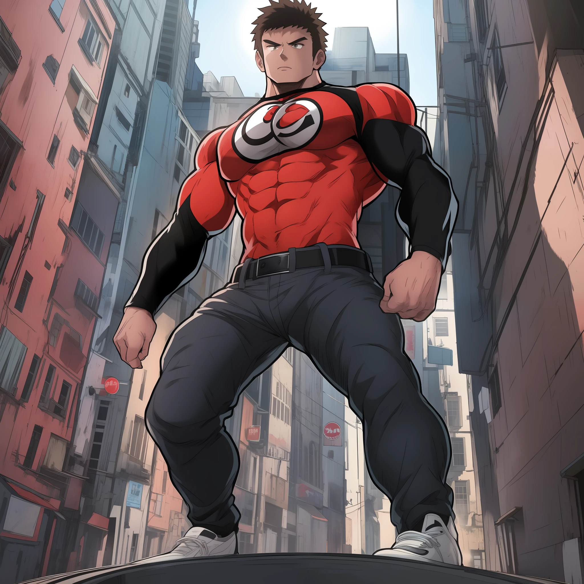 Generate anime-style art with a high-angle shot of a muscular male character with his body facing the camera, THE CHARACTER IS STANDING ON TOP OF A TALL BUILDING, The protagonist must have an extremely muscular body, very tall, similar to that of a bodybuilder. The character must have very short hair with dark brown bangs and must be wearing a red long sleeve T-shirt with black pants and a belt and must be wearing a white sneaker. The image should depict the character's entire body, focusing on his intimidating posture. The protagonist must exude strength and dominance, displaying a powerful presence. The scene should feature only the muscular character, THE CHARACTER SHOULD BE ON TOP OF A BUILDING SHOWING A LARGE CITY BELOW HIM