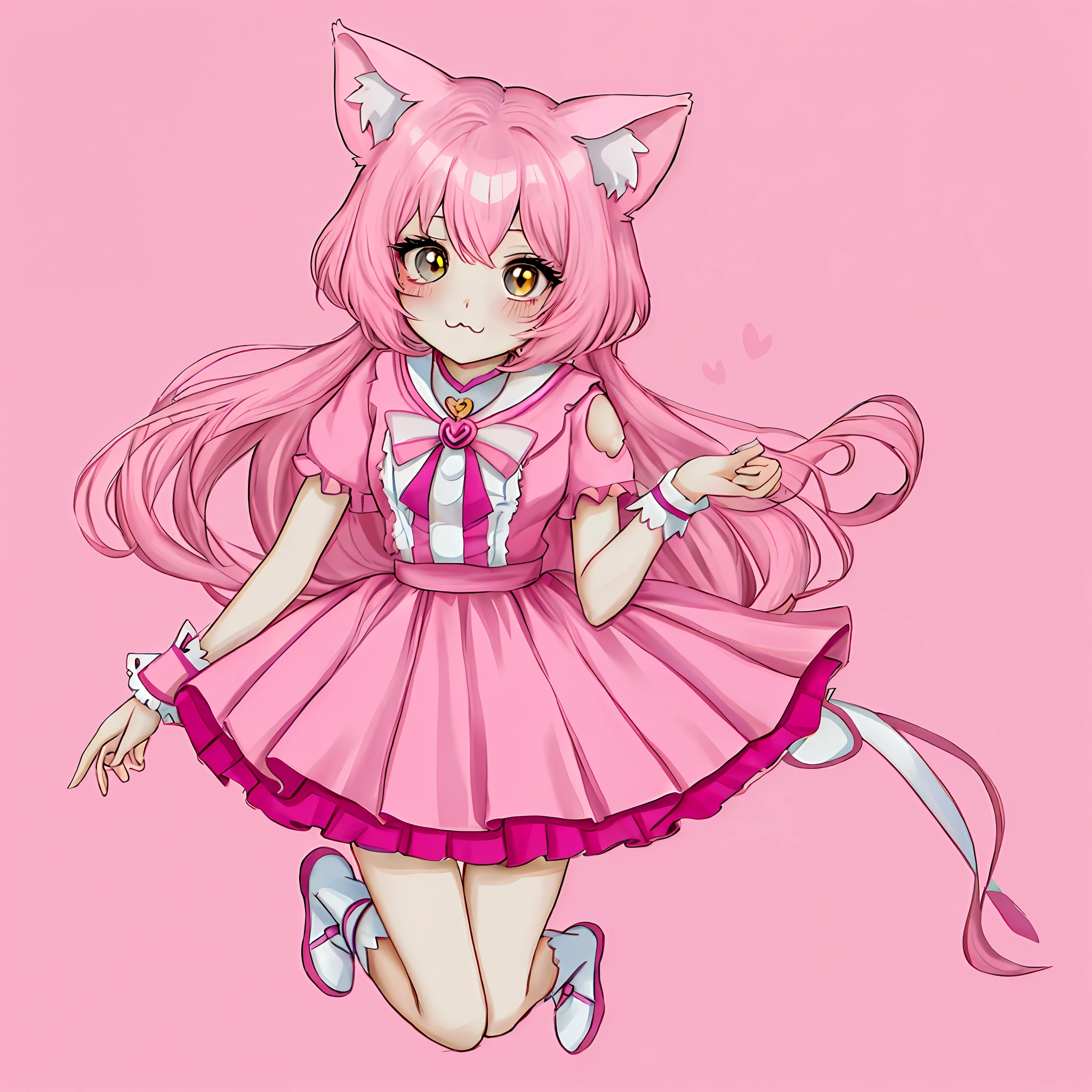 a drawing of a girl in a pink shirt and skirt, outfit design, pink clothes, full body adoptable, pink girl, nekomimi, very aesthetic!!!!!!!!!!!!!!!, style of magical girl, pink iconic character, ((pink)), anime catgirl, kawaii aesthetic, kawaii style, clear outfit design, cute anime catgirl, dressed in crustpunk clothing