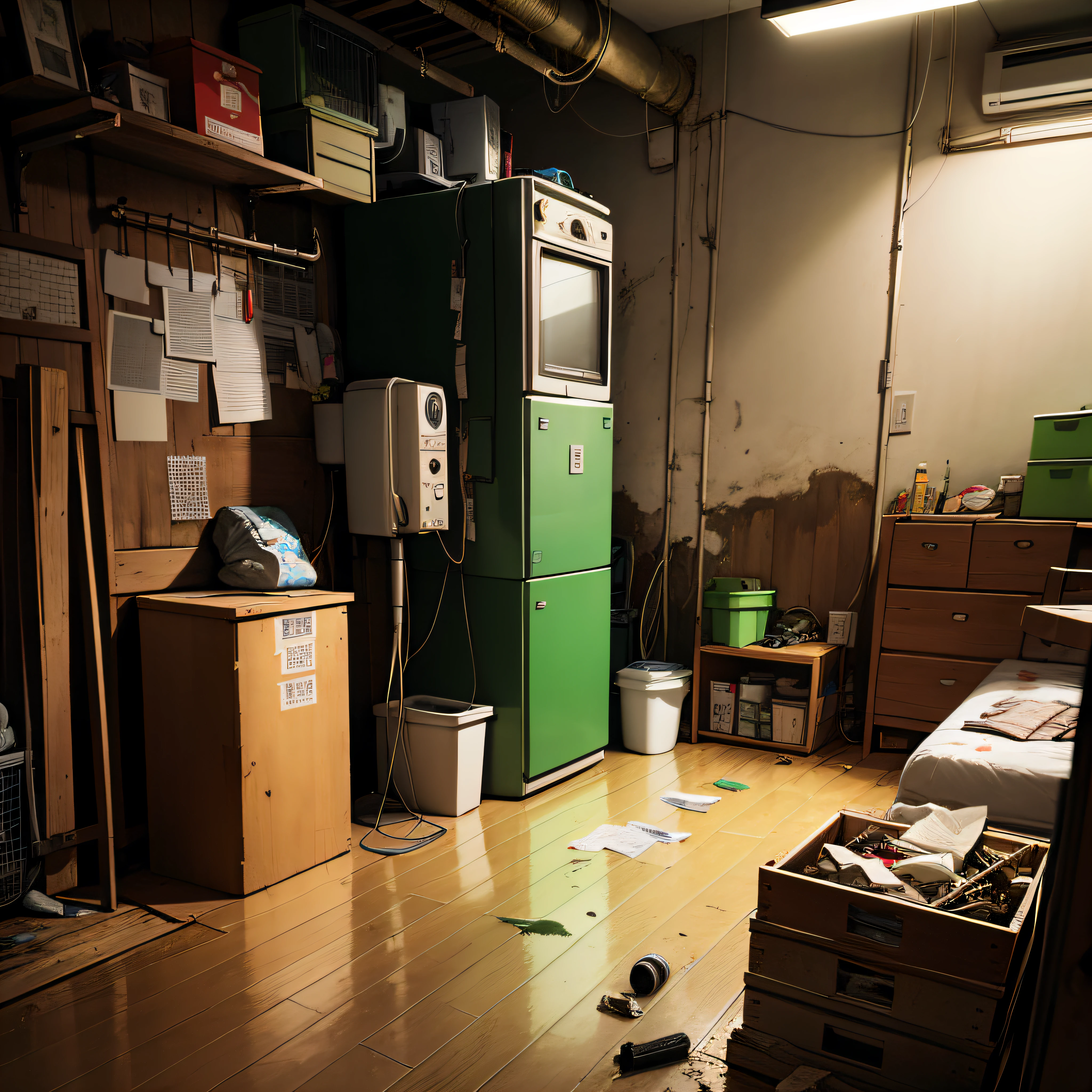 abandoned houses、Dojunkai Apartment Surreal and very detailed illustration、Storage room、Shoe box、umbrella stand、devastated、Deserted housing、illutst、Guibli、Scattered shoes、cardboard、、Green trash can、Metal Signs、cables、pole、Rusty pipe、Wall pipe、Electricity Meter、Gray and dark walls、 Empty box、Old paper on the floor、Paint on damaged walls、Metal and rusty scrap、mechanicalparts(rusty、Brownish)、Highly detailed advertisement for neon walls、Spotlight、Artificial and sterile environments、Fog and rather thick smoke、Very dark landscape shadows、Red and green neon lights、moisture、Puddles reflecting dim ambient light、wooden、early evening、Golden Time --auto