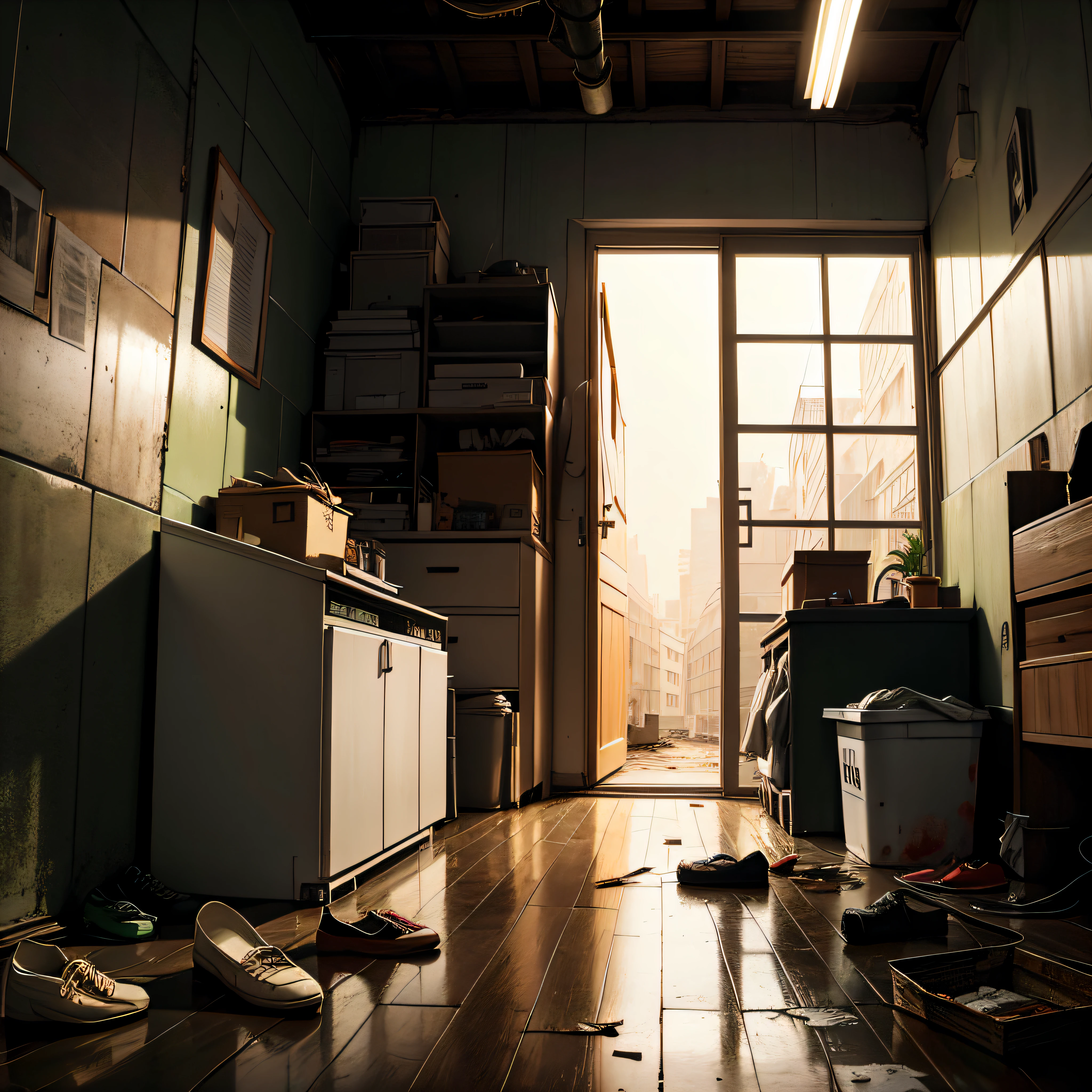 abandoned houses、Dojunkai Apartment Surreal and very detailed illustration、Storage room、Shoe box、umbrella stand、devastated、Deserted housing、illutst、Guibli、Scattered shoes、cardboard、、Green trash can、Metal Signs、cables、pole、Rusty pipe、Wall pipe、Electricity Meter、Gray and dark walls、 Empty box、Old paper on the floor、Paint on damaged walls、Metal and rusty scrap、mechanicalparts(rusty、Brownish)、Highly detailed advertisement for neon walls、Spotlight、Artificial and sterile environments、Fog and rather thick smoke、Very dark landscape shadows、Red and green neon lights、moisture、Puddles reflecting dim ambient light、wooden、early evening、Golden Time --auto