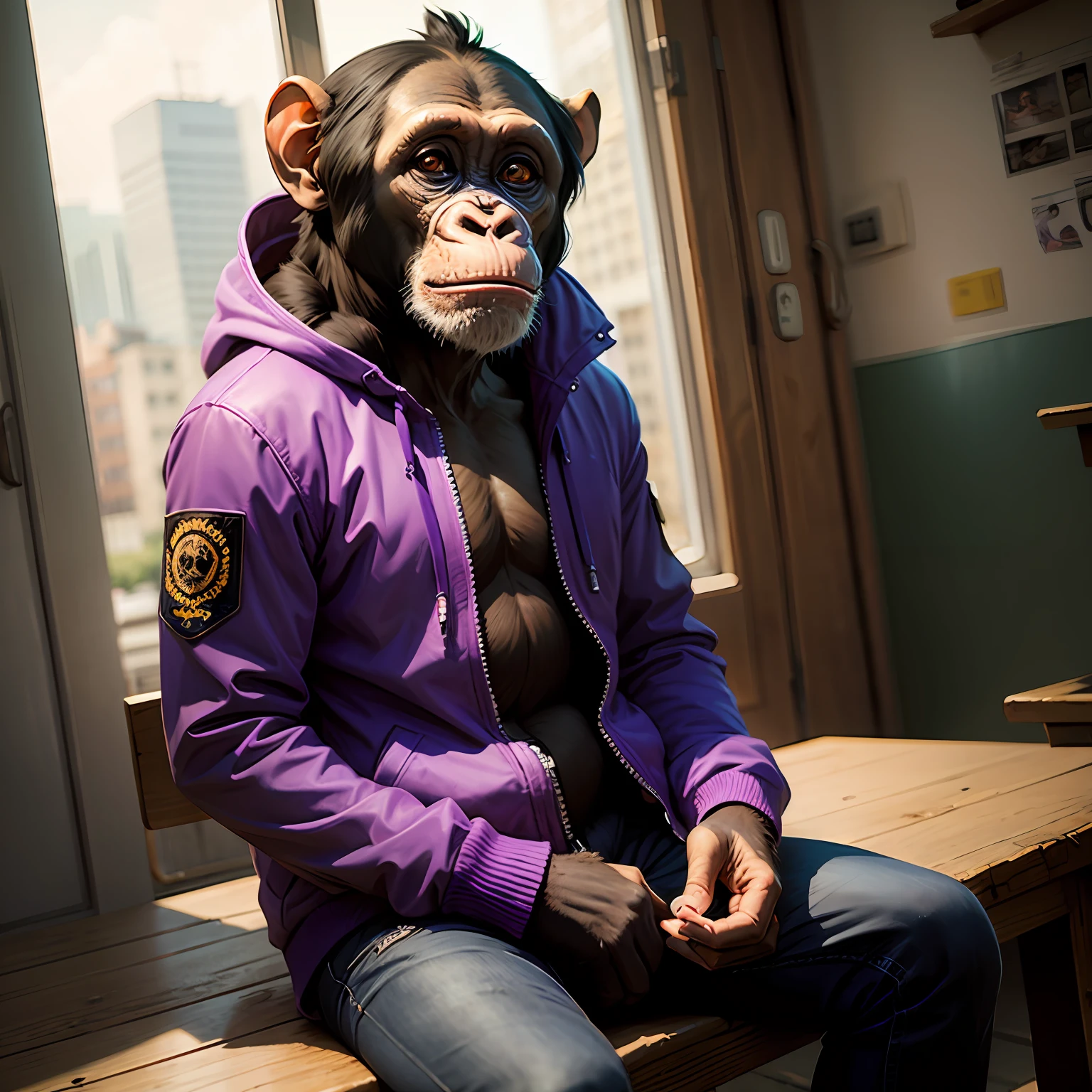 chimpanzee in purple jacket