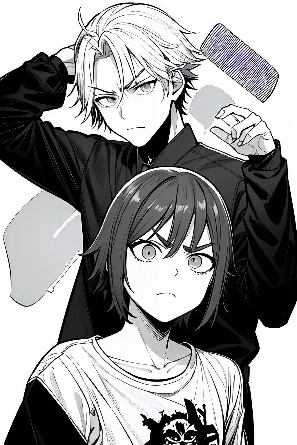Personagem de Horikoshi Kouhei, masculino, 1 homem, camiseta preta, cabelo preto longo, olhos pretos, cabelo curto masculino, pele parda, serious face, traje preto, parte superior do corpo, fundo branco, com uma mascara preta nos olhos