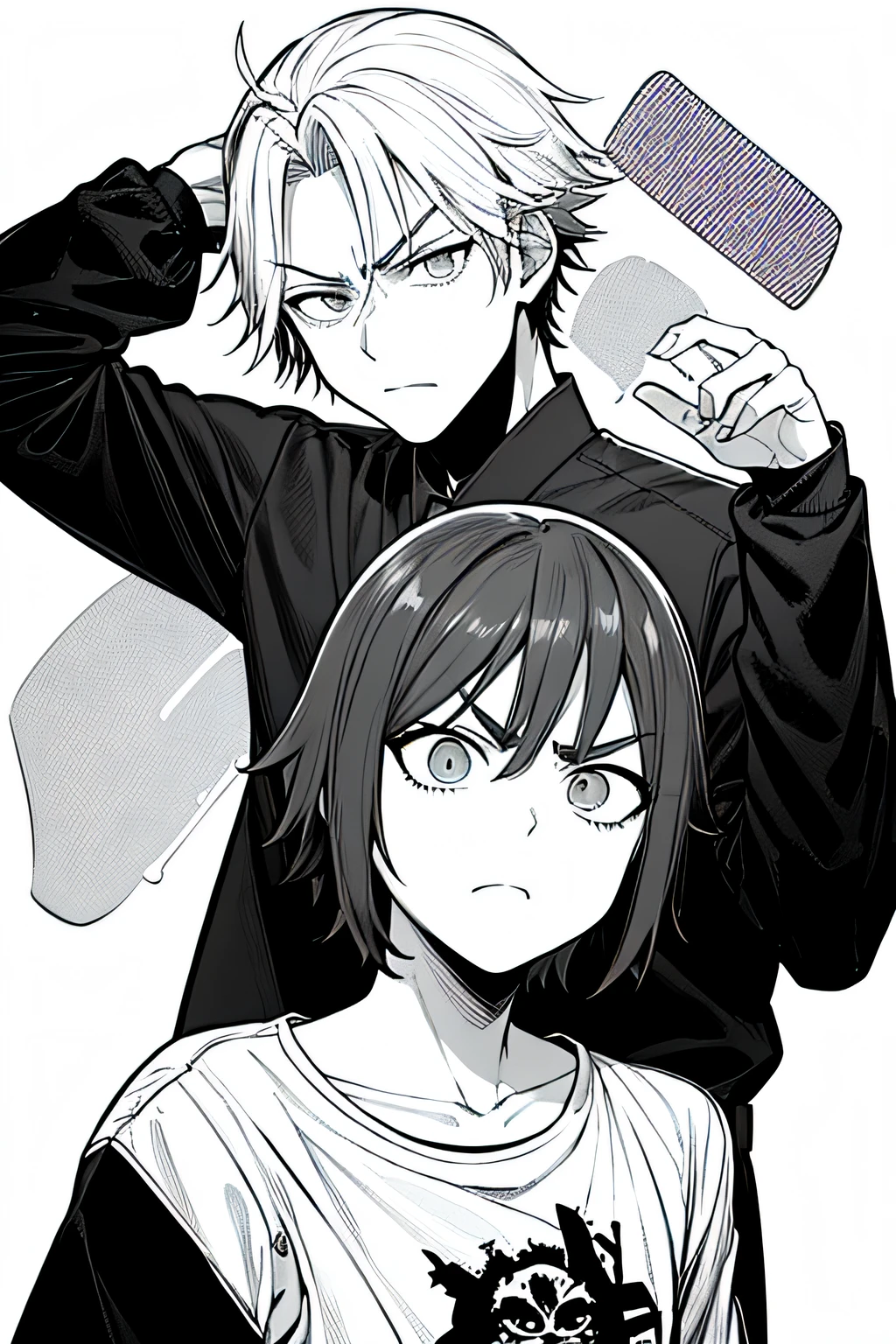 Personagem de Horikoshi Kouhei, masculino, 1 homem, camiseta preta, cabelo preto longo, olhos pretos, cabelo curto masculino, pele parda, serious face, traje preto, parte superior do corpo, fundo branco, com uma mascara preta nos olhos