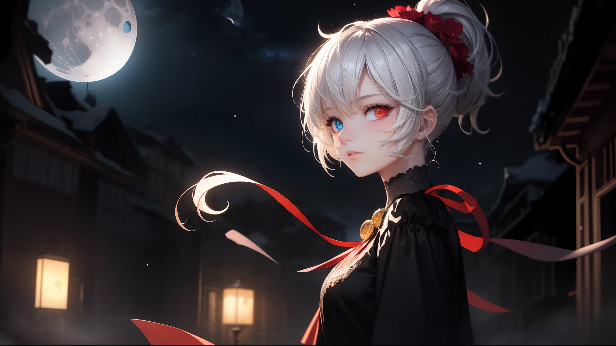 Masterpiece, (Best Quality:1.2), (Super Detail:1.2), Illustration, (Very Delicate and Beautiful:1.2), Cinematic Angle,(Beautiful Detail Eyes:1.1), (Detail Light:1.1),Movie Lighting, Beautifully Detailed Sky, White Short Hair, (Blue and Red Eyes), (High Ponytail:1.1), Glowing Eyes, (Moon:1.2), (Moonlight:1.1), Starry Sky, (Lighting Particles:1.1), Fog, Snow Painting, sketch, flower, (cat ears), (((heterochromia))), adult woman, shorthair, one girl