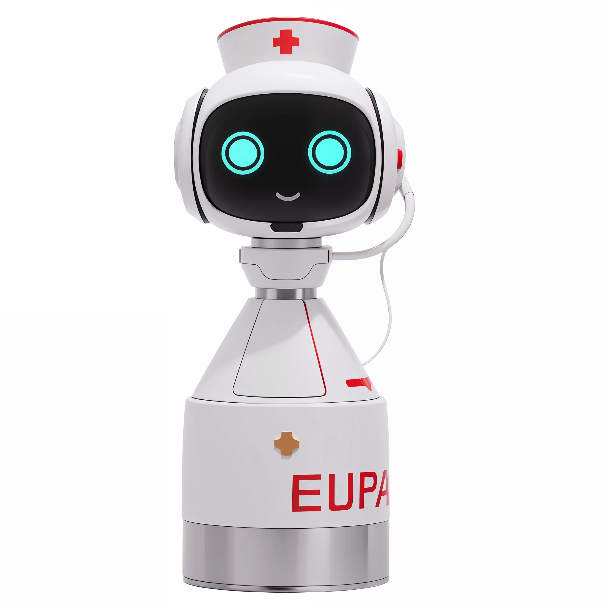 Robot nurse, branca, detalhada, branco brilhante, Artificial intelligence, chapeu com cruz vermelha, hospital robot, render detalhado, Foto realista, Cylindrical base, Fofa, fofo, Bonito, technological, artificial intelligence, Cylindrical base