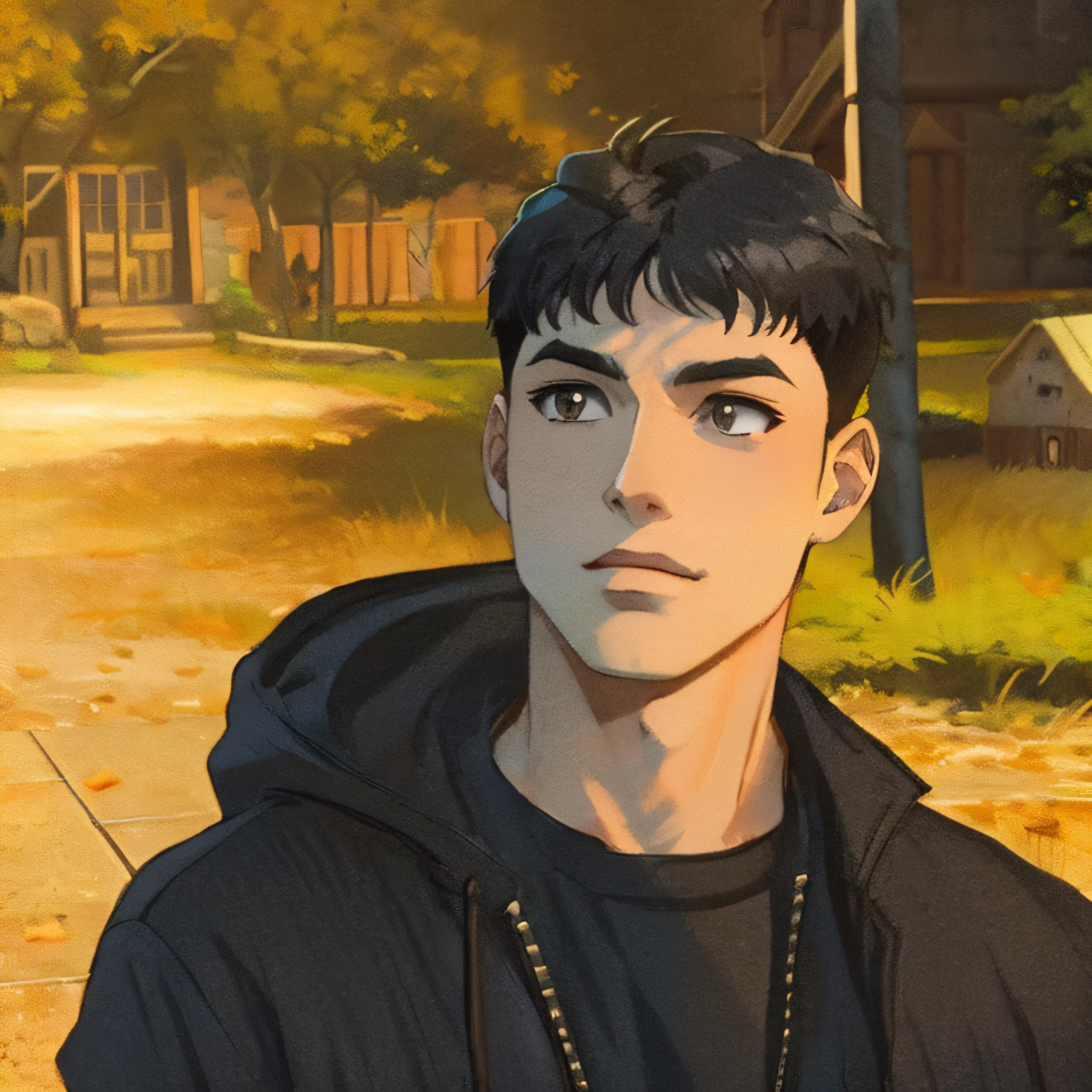 anime boy in black hoodie staring at camera with house in background, Arte no estilo de Guweiz, Digital anime illustration, estilo de arte realista, Retrato Lofi, Retrato anime de um homem bonito, estilo realismo anime, Elogio Artstyle, cara bonito na arte demon slayer, pintado em anime painter studio, feito com anime painter studio, Arte Oficial