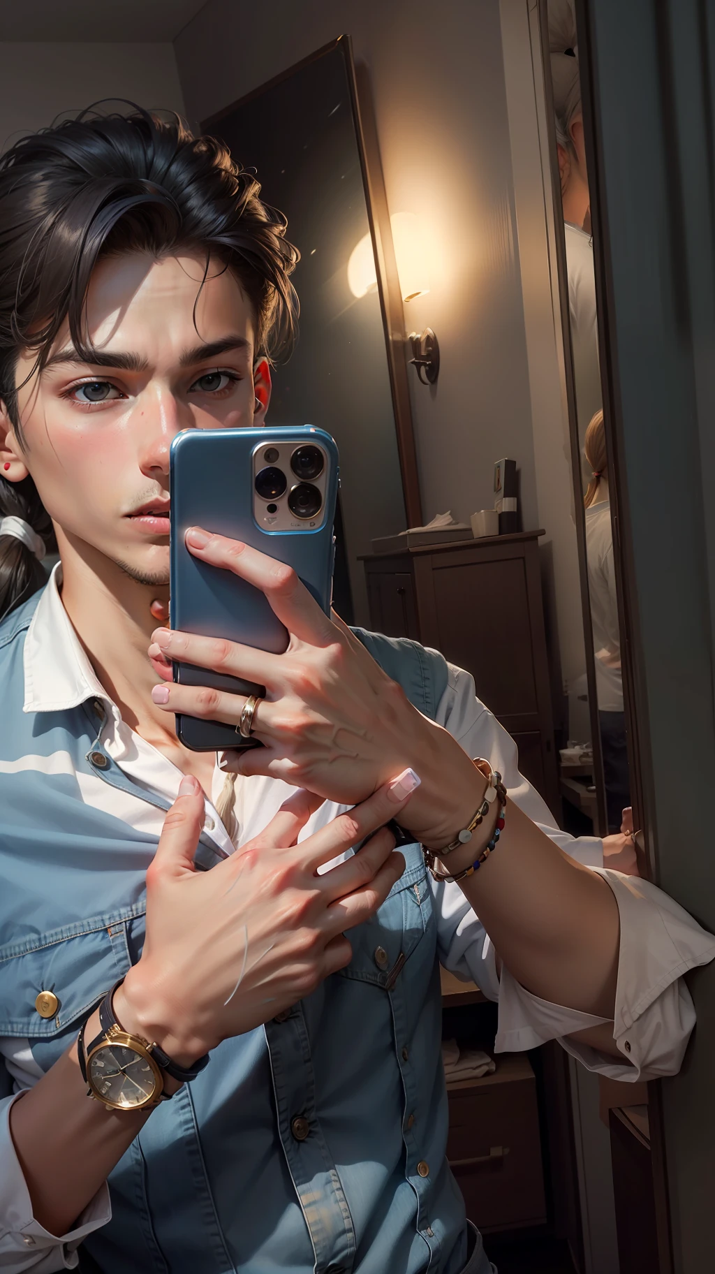 A boy with long tied hair with a ponytail, sharp jawline, and blue denim jacket with a white shirt inside, clicking mirror selfie.