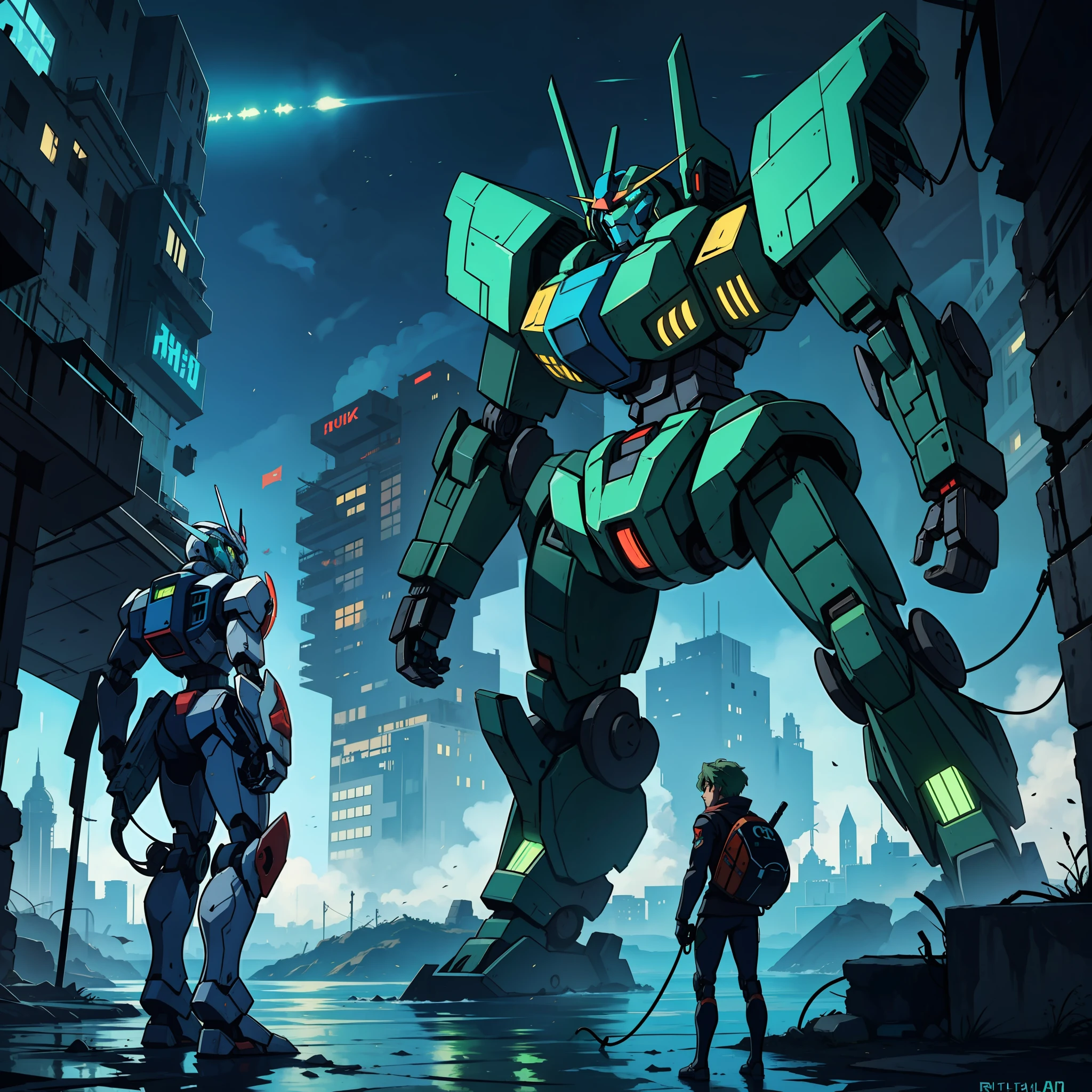 Un robot, un mecha, color gris con verde, mecha de combate, ciudad en ruinas, anime, 2d, detallado, alta calidad.