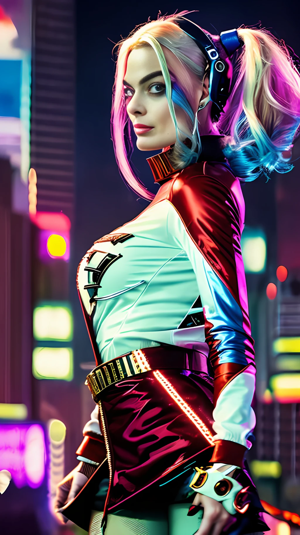 Create a masterpiece of a beautiful Harlequin Margot Robbie in a futuristic urban setting, with a sleek, modern outfit and boldly cut hair. Add technological elements in the background, such as flying cars or skyscrapers with neon lights.