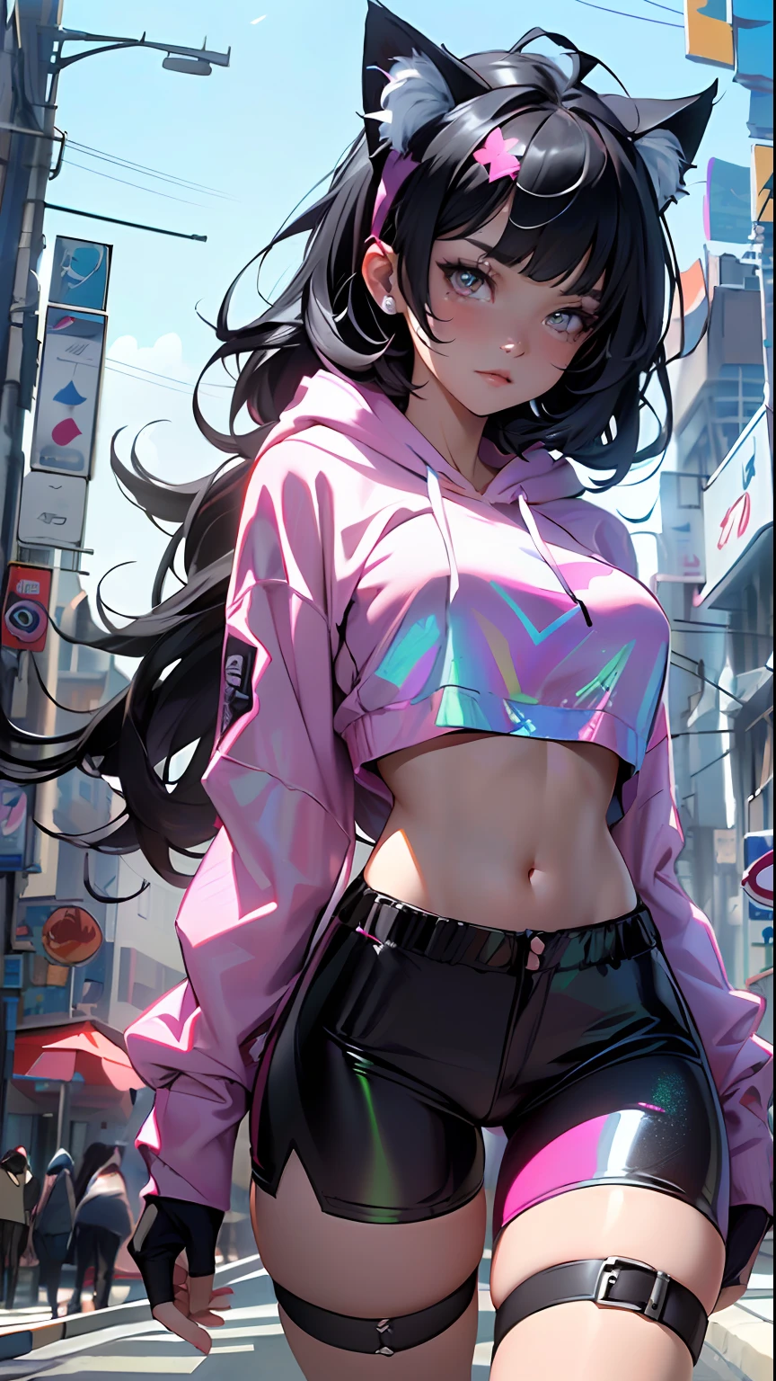 girl spacepunk, (1 girl:1.3), ((1 anime girl with extremely cute and beautiful black hair holographic cat ears walking seductively down the street)),
(large breasts:1.4), saggy breasts, (((black wavy bob hair:1.35, bangs;1.35 messy hair, bangs;1.35, colored inner hair, ear breathing))), (((holographic cat ears, holographic cat ears on head, big cat ears))), ((pink eyes:1.3, upturned eyes:1.3, perfect eyes ,beautiful detailed eyes, rainbow glows ultra-detailed deep pink purple eyes:1.1, gradient eyes:1, finely detailed beautiful eyes:1, symmetrical eyes:1, big highlight on eyes:1.2)), (fat:1.2), 7.5 life size, (((lustrous skin:1.5, bright skin: 1.5, skin tanned, shiny skin, very shiny skin, shiny body, plastic glitter skin, exaggerated shiny skin))), (spider lower abdomen, narrow waist, wide hip, athletic body, inflated legs, delicate detailed fingers, detailed body, detailed arms, human hands, detailed hands,),
cute, slutty, seductive, erotic, nsfw,
zettai ryouiki, revealing clothing, show skin, cleavage, ((underboob)), (wearing a mechanical space body armor:1.3, micro bikini, bare legs), ((((crop top hoodie, cropped hoodie, hoodie))), (detailed outfit, detailed clothes),
(dynamic pose:1.0), solo focus, embarrassed, centered, scale to fit dimensions, Rule of thirds,
outdoors, (cyberpunk Background: 1.5, detailed background:1.25),
(Isometric: 1.0), double exposure, (masterpiece, best quality:1.3), (highres:1.5), absurdres, ultra detailed, cinematic light, realistic, ultra-realistic, high contrast, extraordinarily nice, vibrant colors, (intricate), HDR (High Dynamic Range),Ray Tracing,NVIDIA RTX,Super-Resolution,Unreal 5,Subsurface dispersion, PBR texture, Post-processing, Anisotropic filtering, Depth of field, Maximum clarity and sharpness, Multilayer textures, Albedo and specular maps, Surface shading, Accurate simulation of light-material interaction, Octane Render, Two-tone lighting, Wide aperture, Low ISO, White balance, 8K RAW, Saturation boost,