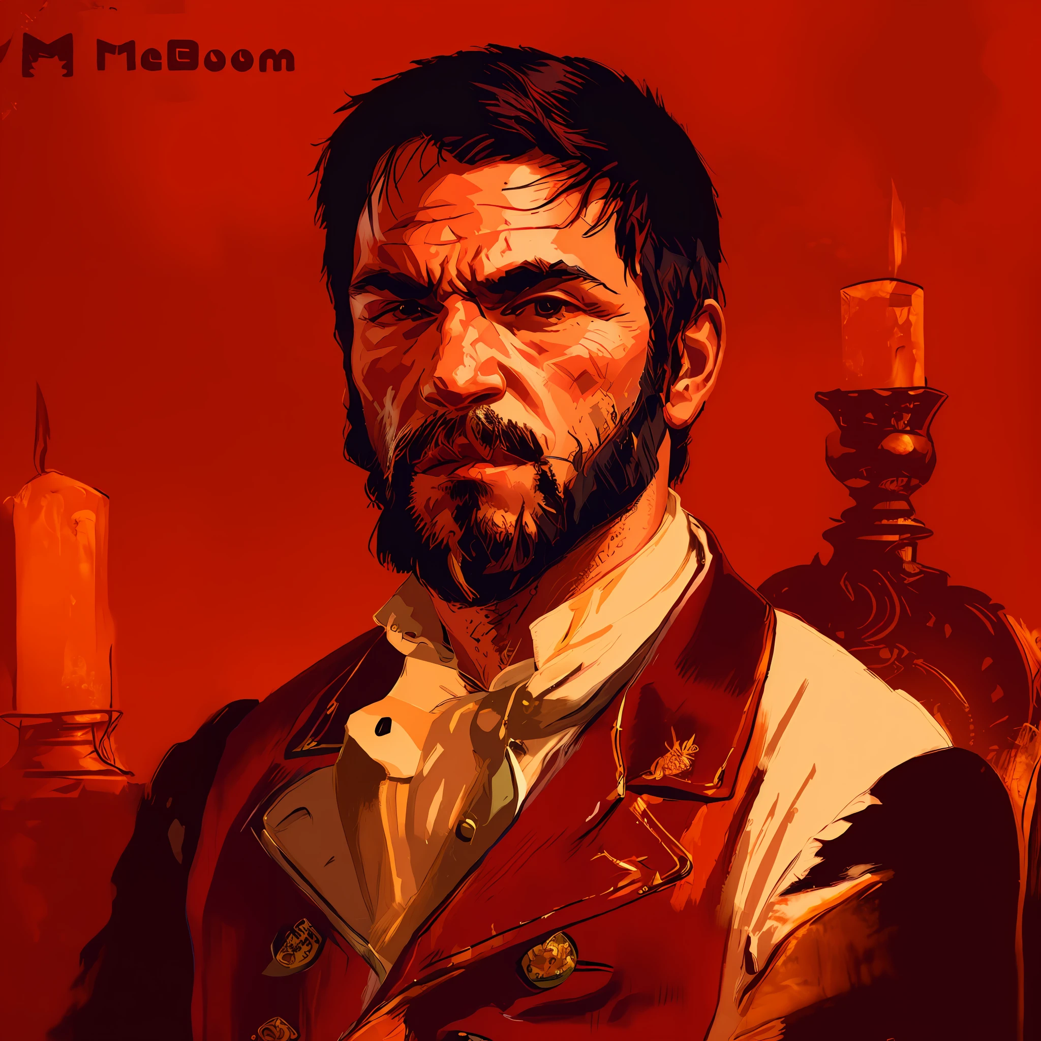 R3DD34Dstyle, digital portrait, john marston, facial hair, cowboy hat, vest, sponsorship, red background