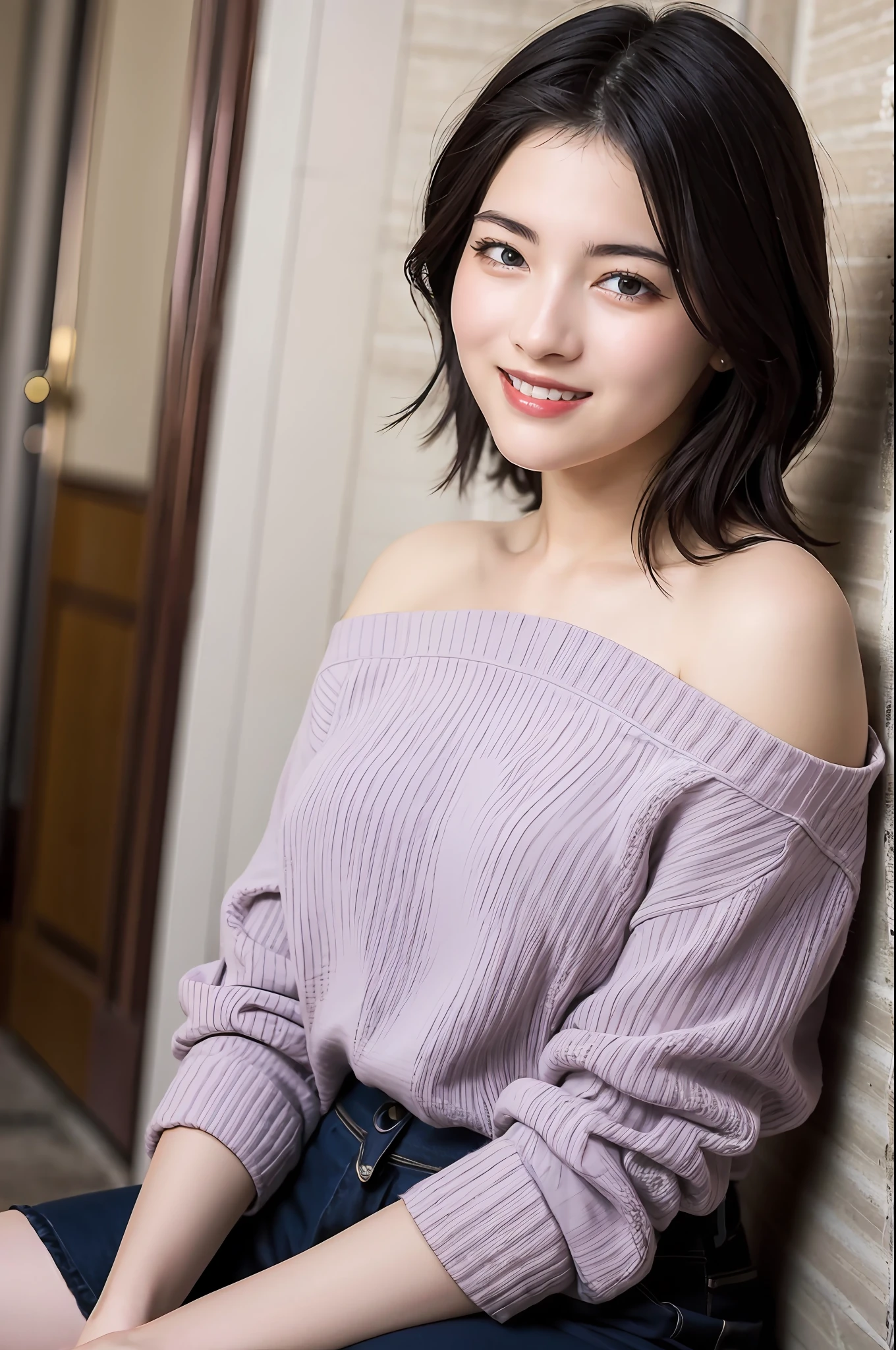 best quality, photorealistic, 8k, high res, perfect lighting, gorgeous, masterpiece, realistic, closeup portrait,
1girl, piercing eyes, wearing an off-shoulder sweater, medium breasts, short hair, looking at viewer, kind smile, outdoors, in a cafe