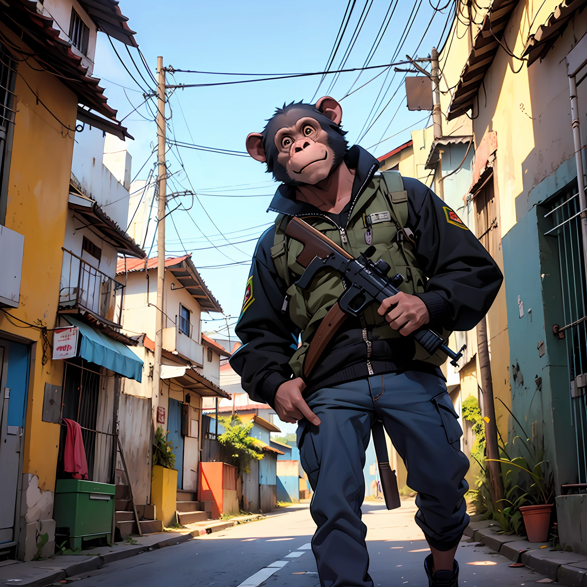 chimp, humanoide, with rifle in hand, na frente se uma favela, do Brasil, rio de janeiro --auto