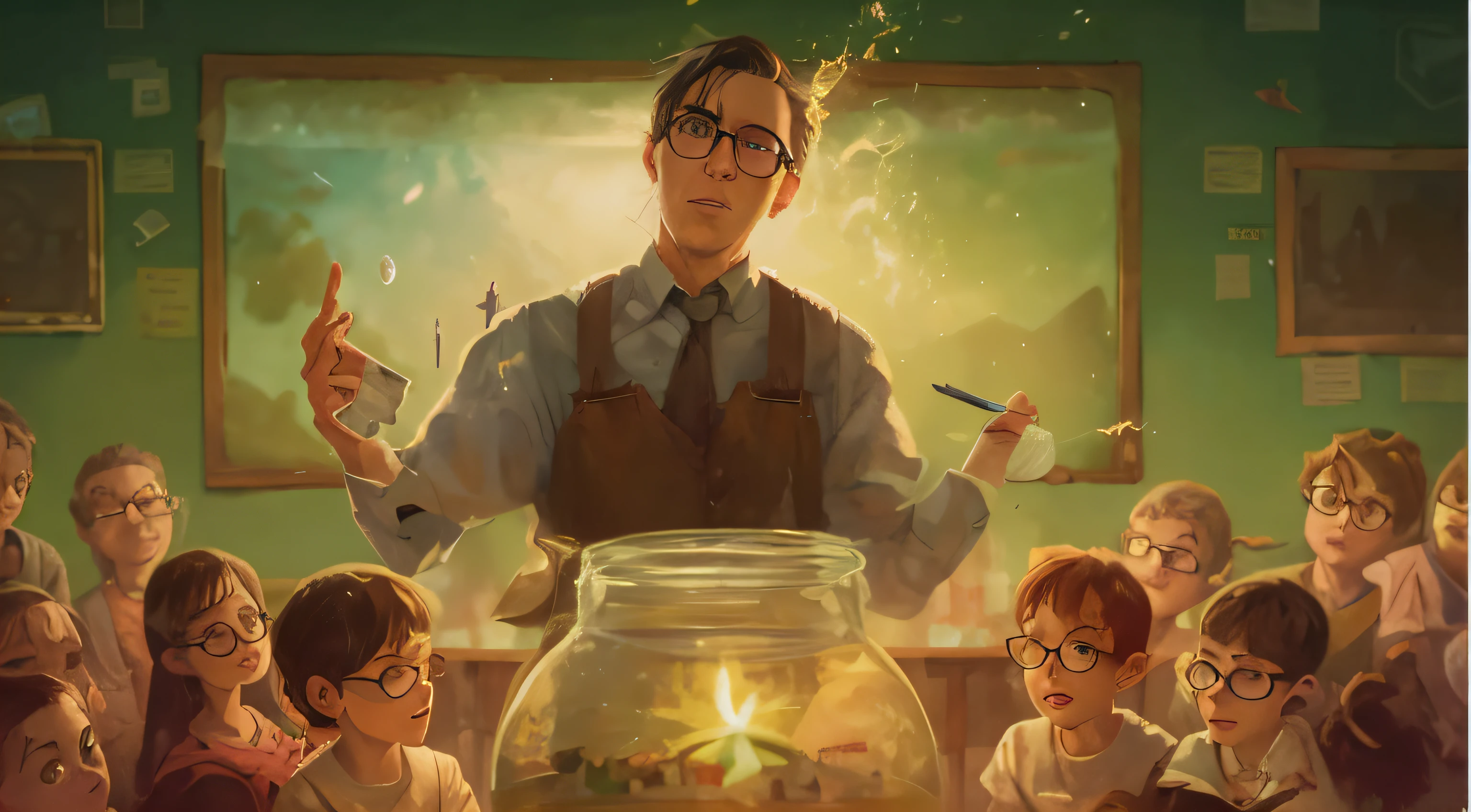 uma pintura de um homem em frente a um jarro de vidro, science fantasy painting, inspirado em Patrick Brown, Directed by: Jason Felix, Tolkien e Michael Komarck, inspirado em Bob Byerley, lovecraft illustration, Cyril Rolando e M.w kaluta |, Cyril Rolando e M. w kaluta |, Directed by: Scott Gustafson, Directed by: Eddie Mendoza