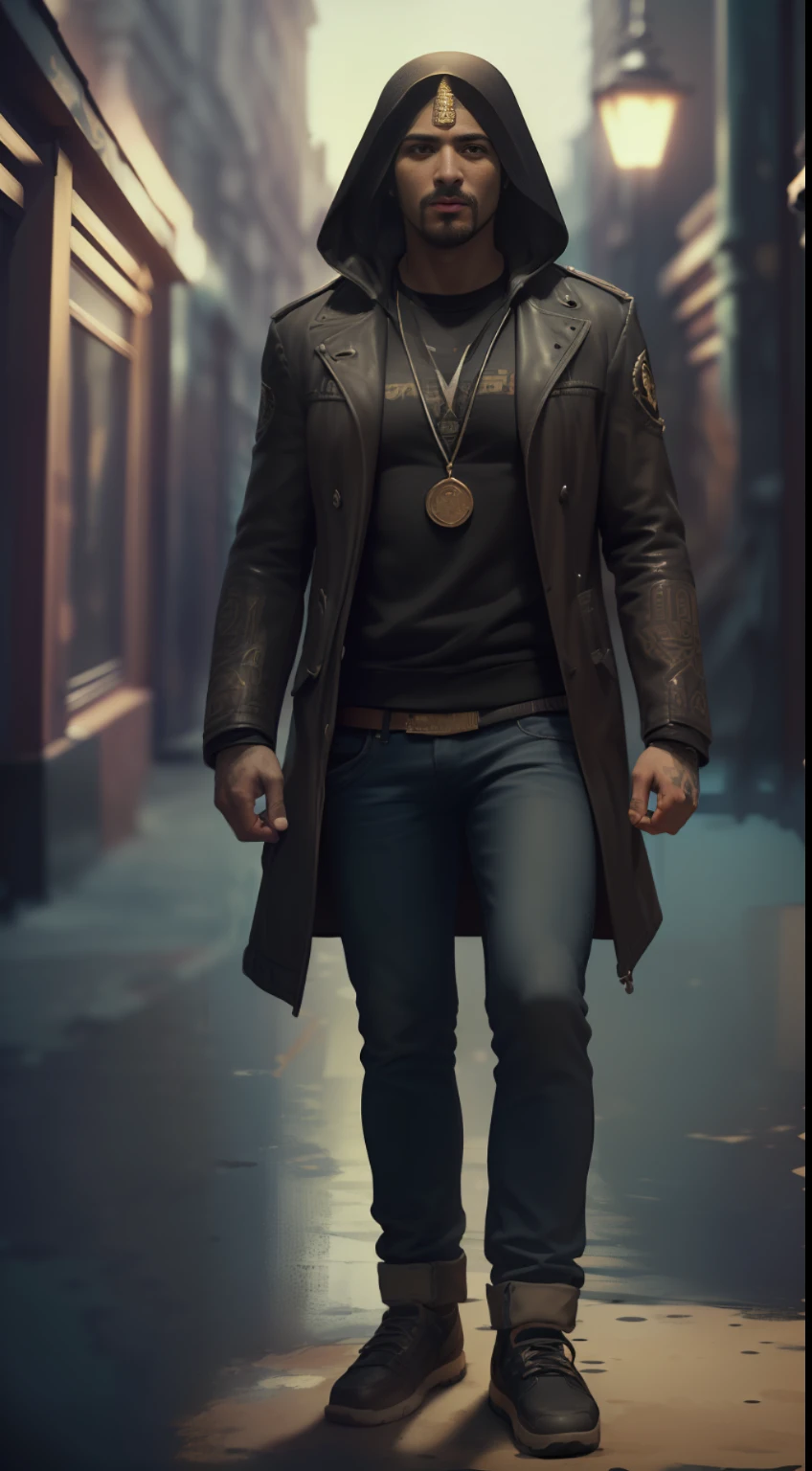 (
(Character: one egyptian man, occultist, traits:1.5, black skin:1.4)
(Clothing: brown coat with egyptian symbols, egyptian amulets, egyptian tattoos)
(Pose: full body shot:1.7,holding a tool box)
(Background: dark alley at night:1.3, intense urban lights in background, brown color scheme)
(Style: ((masterpiece:1.5)), (face detailed), photo-realistic:1.3, hyperrealistic, film grain, realistic lighting, backlighting:1.3),(sfw)
)