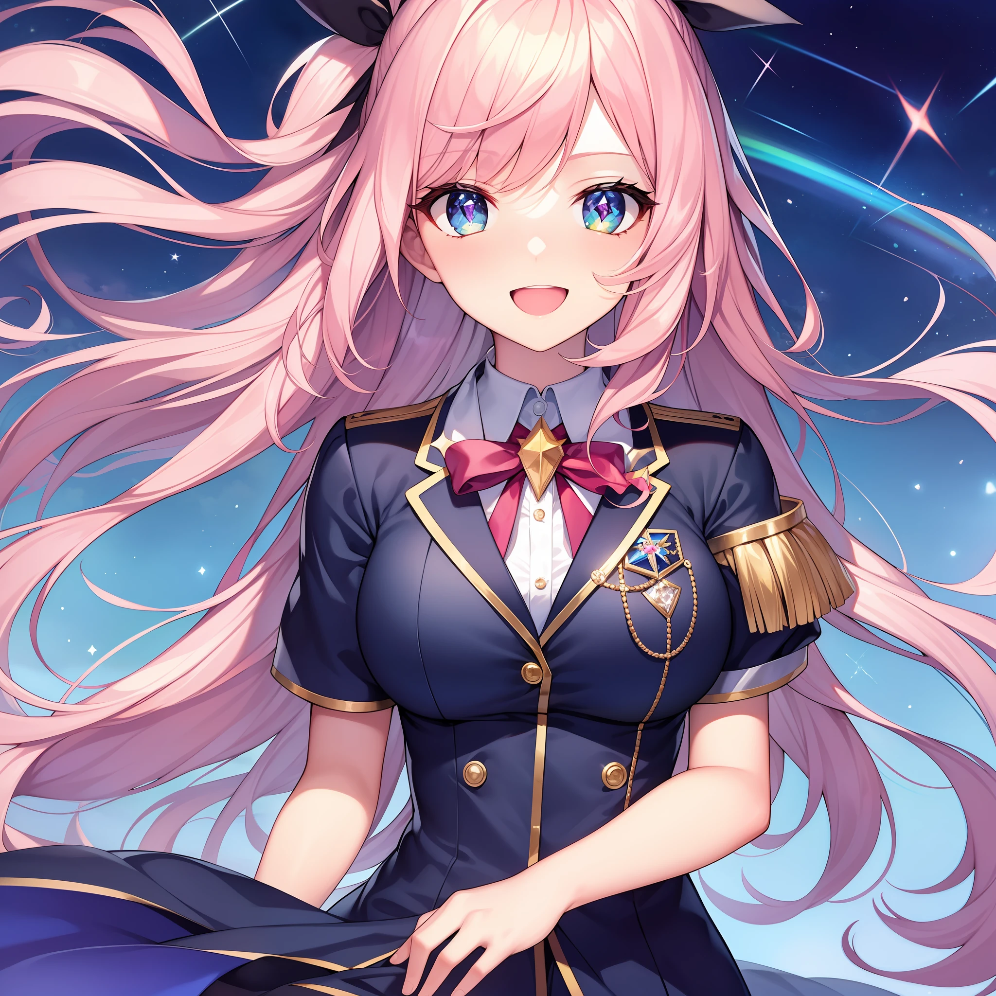 chest out, absurdres, superfine illustration,rainboweffect, highres, ultra detailed,light diffusion,highly detailed light reflection, kaleidoscope, harmonious, best shadow, highly detailed very beautiful big smile face, ;D, beautiful growing crystal diamond star pupil,look at viewer, beautiful detailed hair, solo, dynamic pose, beautiful detailed pink and black ribon, beautiful detailed High school uniform, Fantastic and the whole shines and shooting star and the wind is strong in detail background