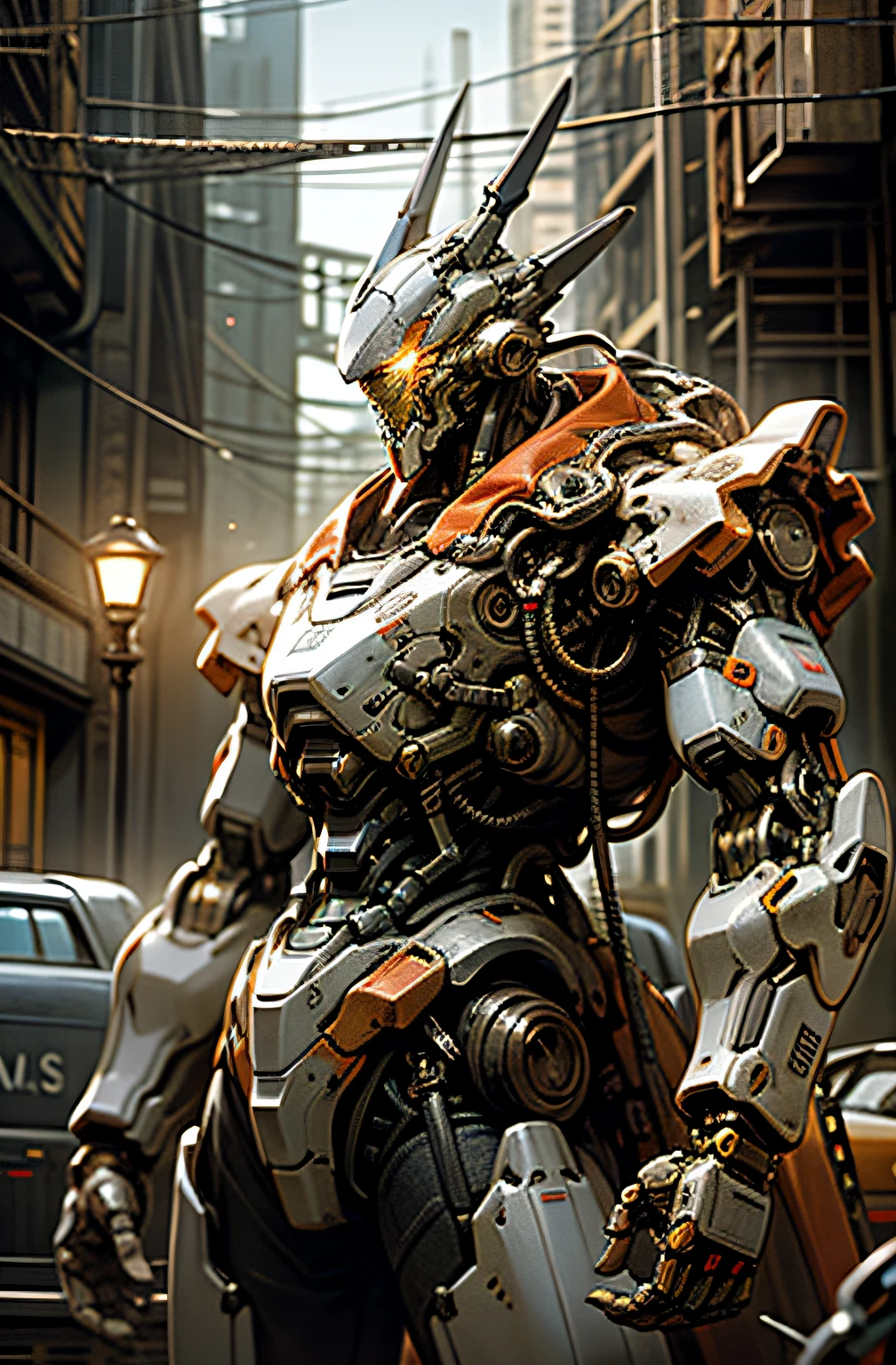 Dark_Fantasy,Cyberpunk,(chain saw,chain saw man,Red:1.1),1man,Mechanical marvel,Robotic presence,Cybernetic guardian, wearing a worn-out mech suit, intricate, (steel metal [rusty]), elegant, clear focus, shot by greg rutkowski, soft lighting, vibrant colors, masterpiece, ((street)), cowboy shot, dynamic pose,