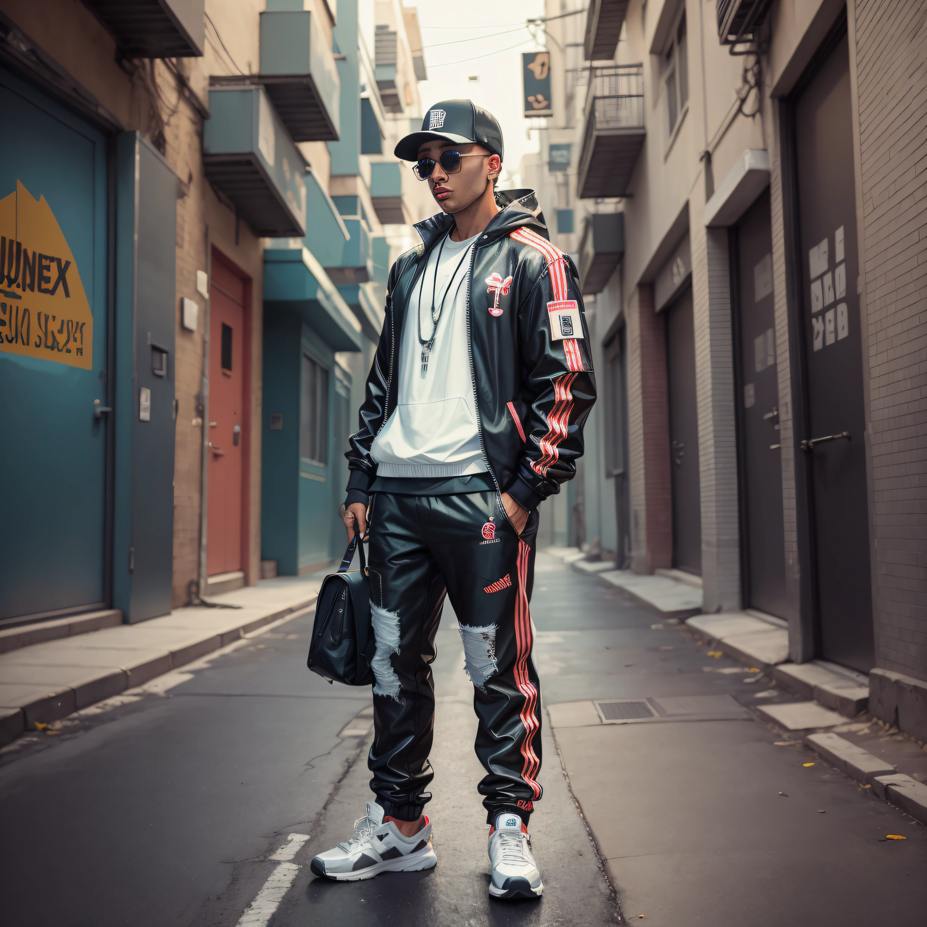 araffe wearing a black leather jacket and a white shirt and black pants, wearing a track suit, No estilo Jordan Grimmer, Homem em Tracksuit Adidas, vestindo roupas urbanas, wearing a tracksuit, outlive streetwear collection, Chappie em um traje de treino da adidas, moda streetwear, Dr. Zeus, Techwear Look e Roupas, Cyberpunk Streetwear