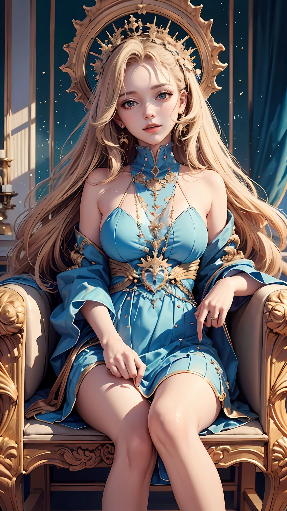“(a masterpiece of,Hi-Def,uhdr,4K),14 years old Japanese girl,solo,ssmile,With long blonde hair,High neck blue dress,Blue turtleneck vest,bare arm,In the palace,Intricate clothing patterns,emphasizing thighs,Exposing the skin of the legs,soft thighs,Glossy thighs,sitting on an royal throne,Face-to-face perspective,Sit in front,Crotch zoom camera,Feet on the floor,fullllbody,ssmile,Just look at the audience", Best Quority, uhdr, (realisticlying:1.4), A high resolution, the detail,Close-up of,