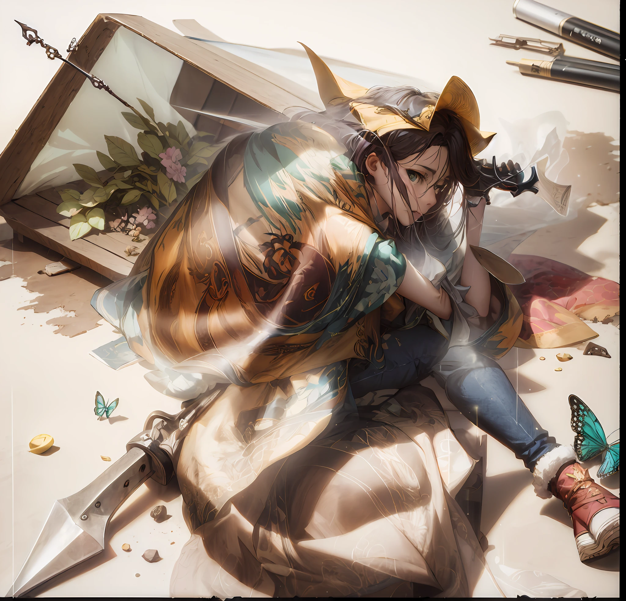 there is a woman sitting on the ground with a sword, Arte no estilo de Guweiz, Ross Tran e Bayard Wu, Obra-prima de Guweiz, Ross Tran 8 K, 2. 5 d cgi anime fantasia arte, Cyril Rolando e Goro Fujita, Artgerm e Atey Ghailan, Guweiz em ArtStation Pixiv