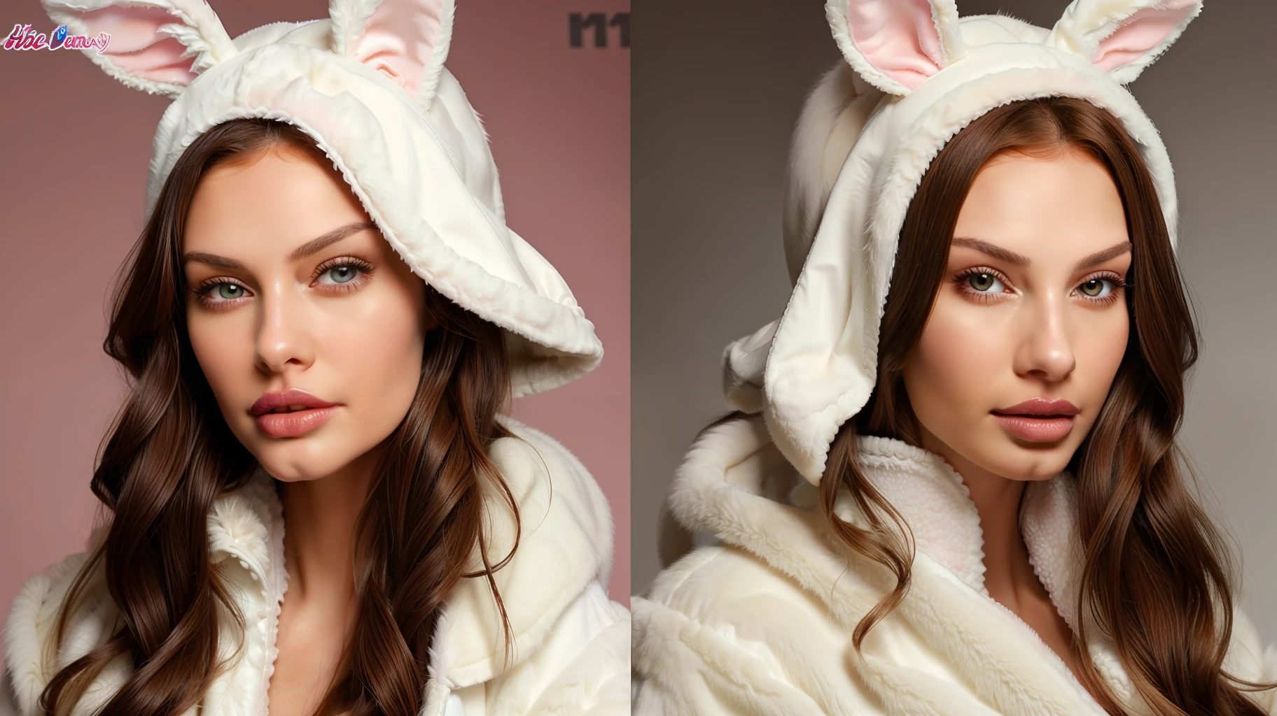 (luscious lips:1.5, hot Russian woman dressed like a rabbit:1.4, candy:1.2, female:1.2, white fur:1.1, licking:1.1, pink background:1)