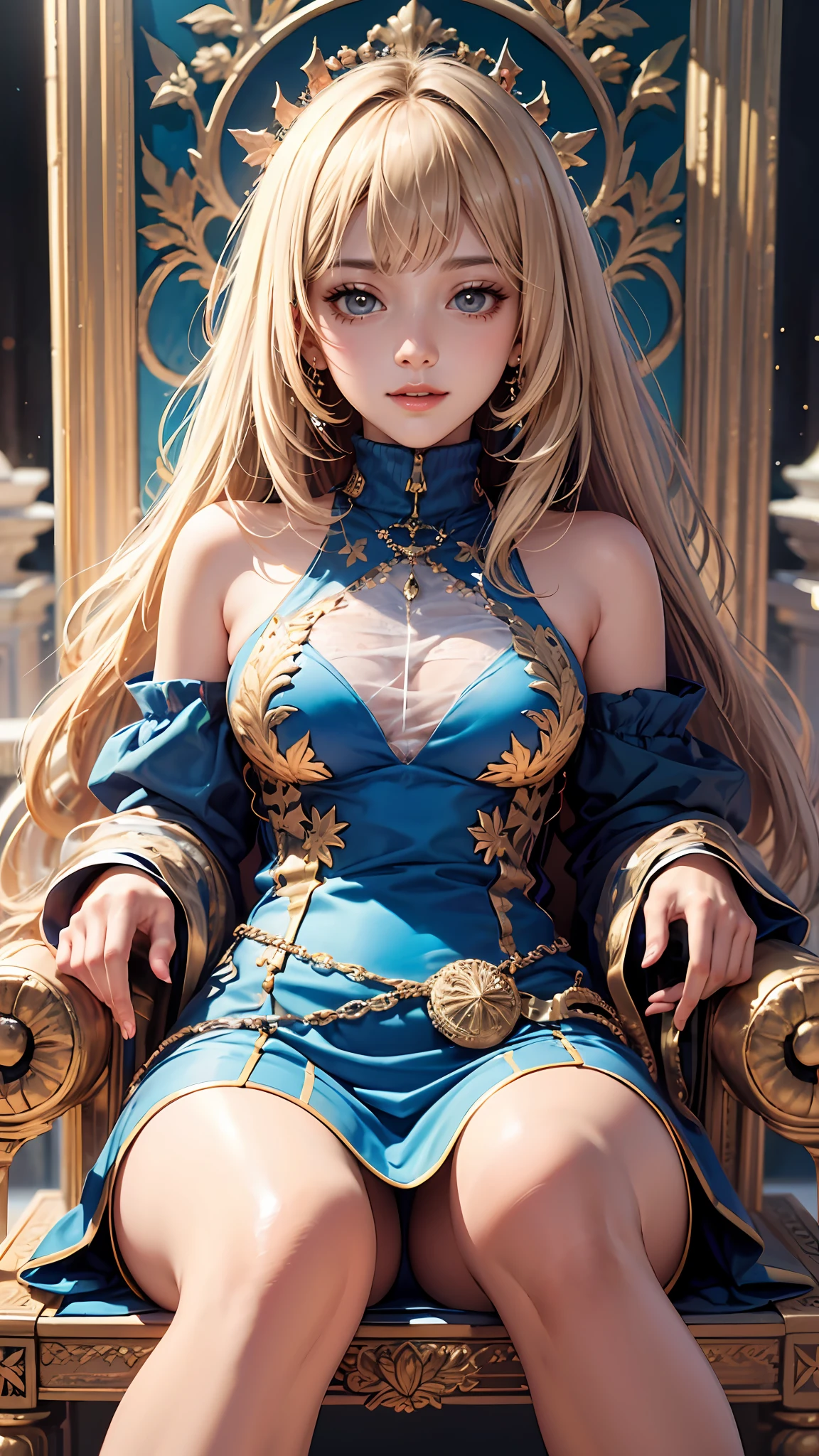 “(a masterpiece of,Hi-Def,uhdr,4K), Japanese girl,solo,ssmile,With long blonde hair,High neck blue dress,Blue turtleneck vest,bare arm,In the palace,Intricate clothing patterns,emphasizing thighs,Exposing the skin of the legs,soft thighs,Glossy thighs,sitting on an royal throne,Face-to-face perspective,Sit in front,Crotch zoom camera,Feet on the floor,fullllbody,ssmile,Just look at the audience", Best Quority, uhdr, (realisticlying:1.4), A high resolution, the detail,Close-up of,