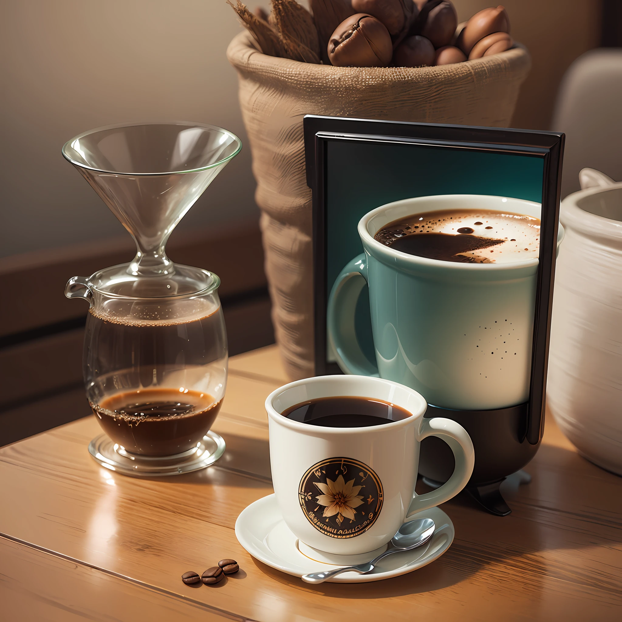 create a cup of coffee without the handle in a realistic image on top of a table and an image in the background of nature at dawn --auto --s2